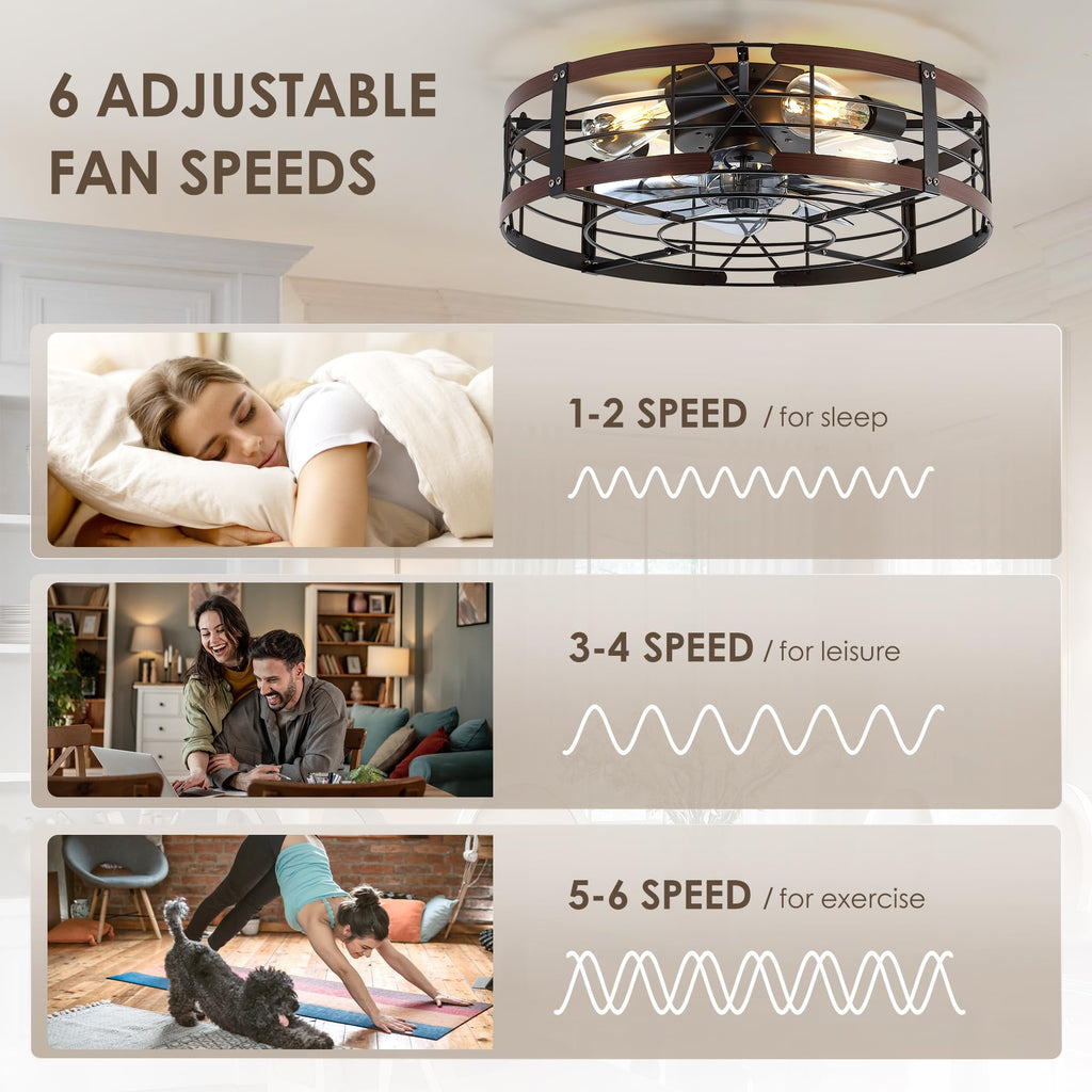 ZYD Caged Ceiling Fan with Light, 20" Ceiling Fan with Lights and Remote Flush Mount, Bladeless Caged Ceiling Fans with Lights, Matte Black Rustic Fan for Bedroom, Kitchen, Dining Room
