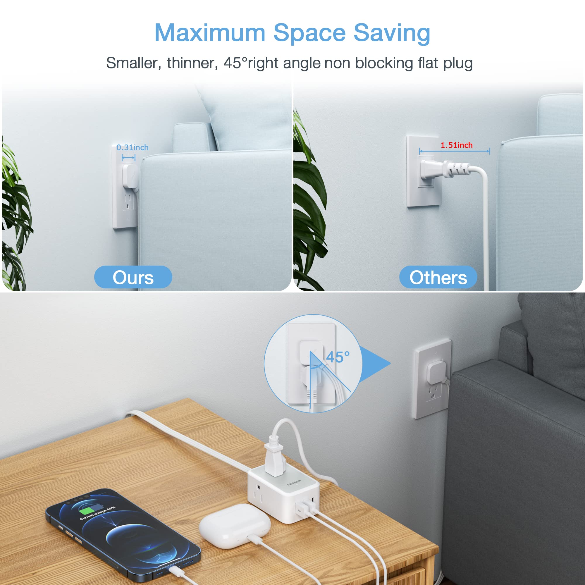 TESSAN Small Flat Plug Power Strip, Ultra Thin Extension Cord 5 ft, 3 AC Outlets with 3 USB Ports (1 USB C), Multiple Wall Outlet Extender for Cruise Travel Office School Dorm Room Essentials, Black