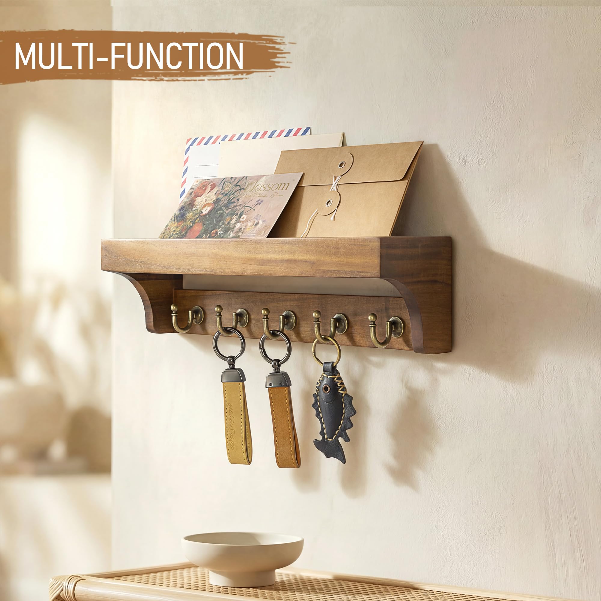 Rebee Vision Acacia Wood Farmhouse Key Holder Wall Mount for Room Decor – Retro Key Holder for Wall with Shelf for Cute Things– Stylish Home Storage for Apartment Essentials (Acacia Wood)