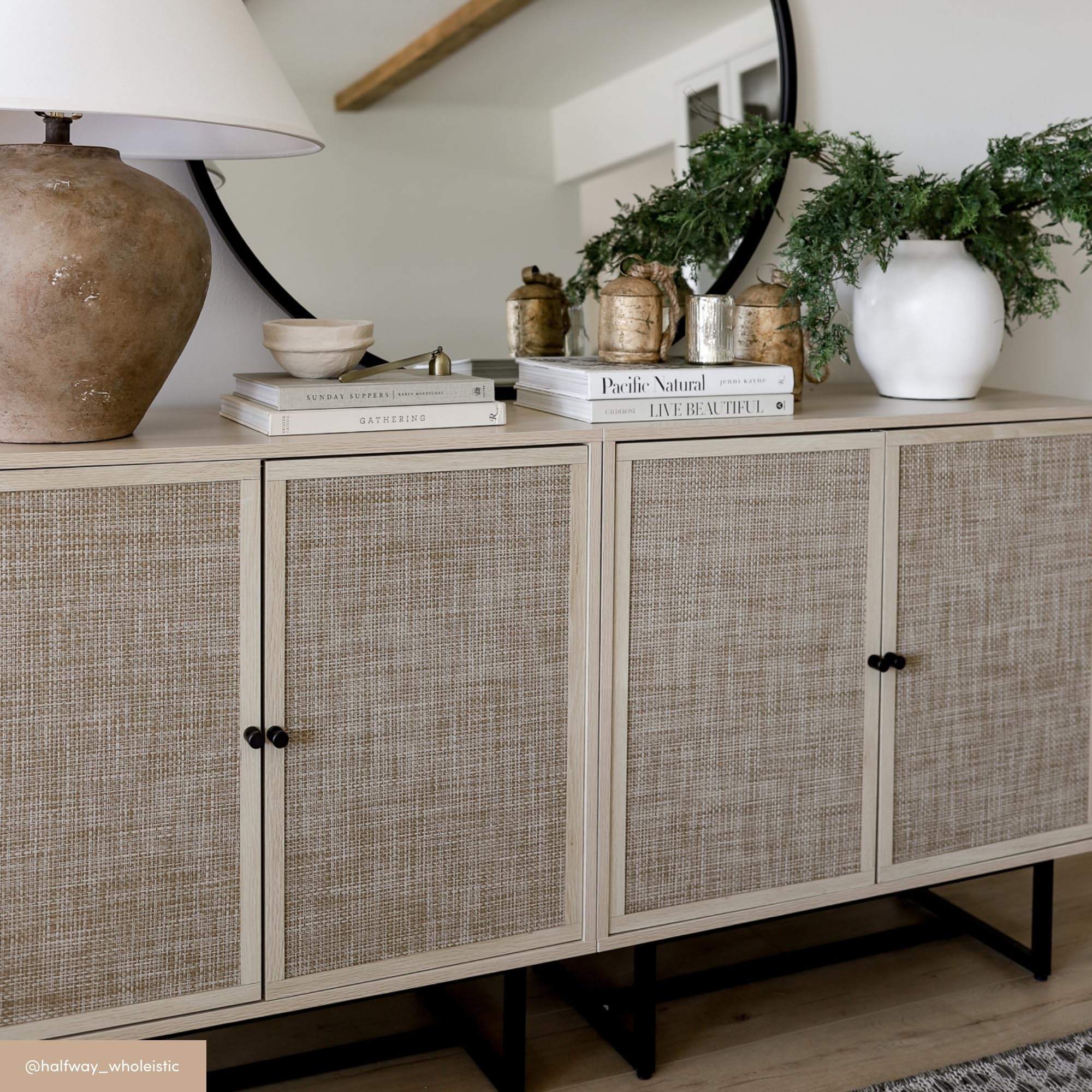 Nathan James Kova Rattan Wood Accent Sideboard Storage Cabinet with Matte Metal Frame, Adjustable Interior Shelves and Cane Doors, for Hallway, Entryway or Living Room, Black Oak/Cane