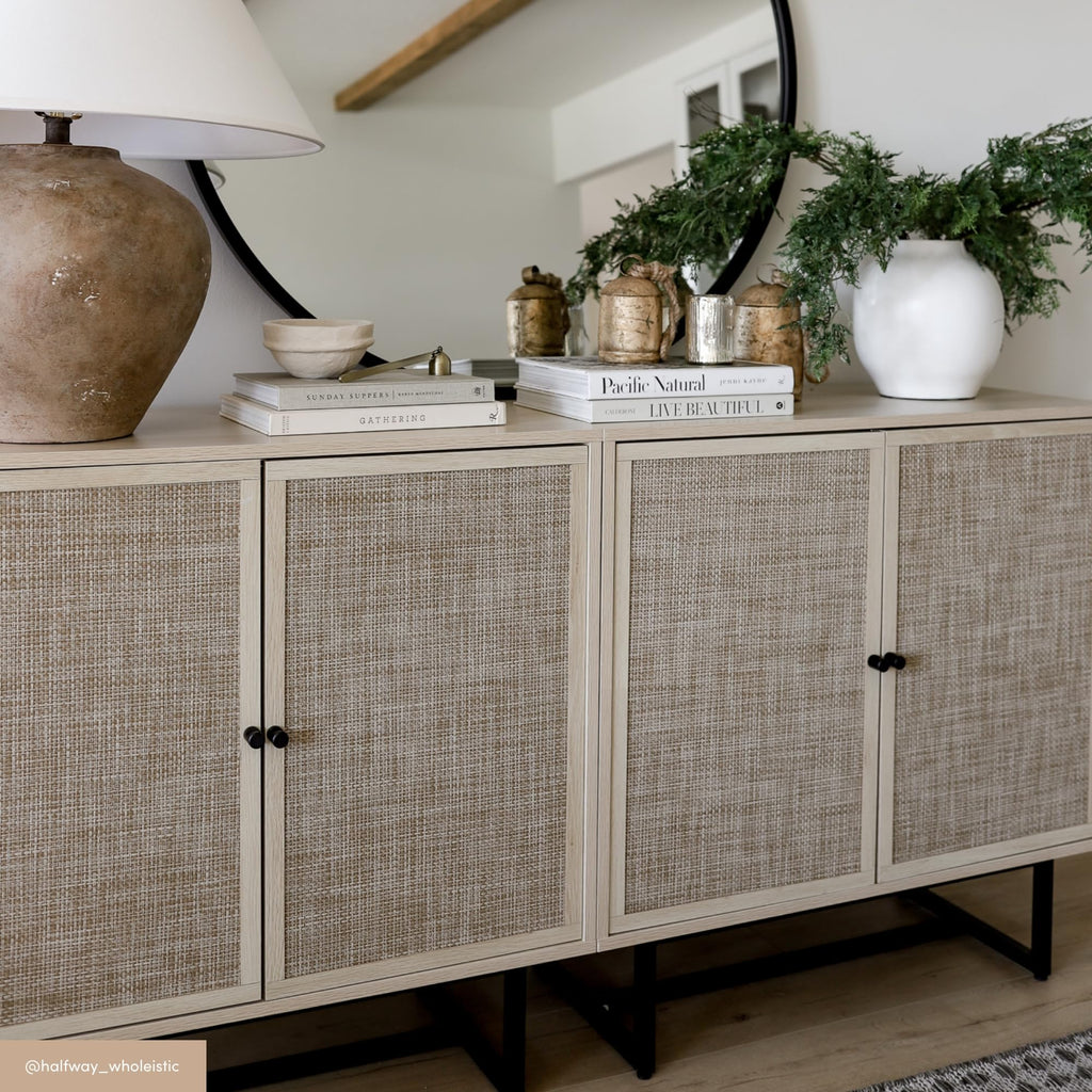 Nathan James Kova Rattan Wood Accent Sideboard Storage Cabinet with Matte Metal Frame, Adjustable Interior Shelves and Cane Doors, for Hallway, Entryway or Living Room, Black Oak/Cane