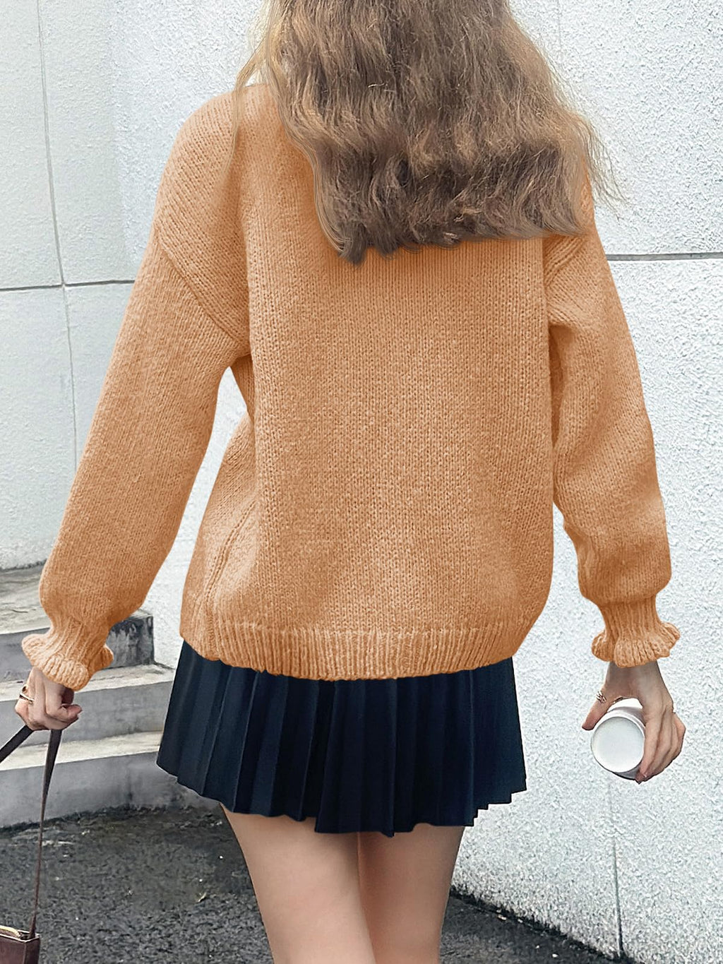 Saodimallsu Womens Ruffle Cardigan Oversized Button Up Fall Trendy Ribbed Knit Open Front Long Sleeve Loose Cute Sweater