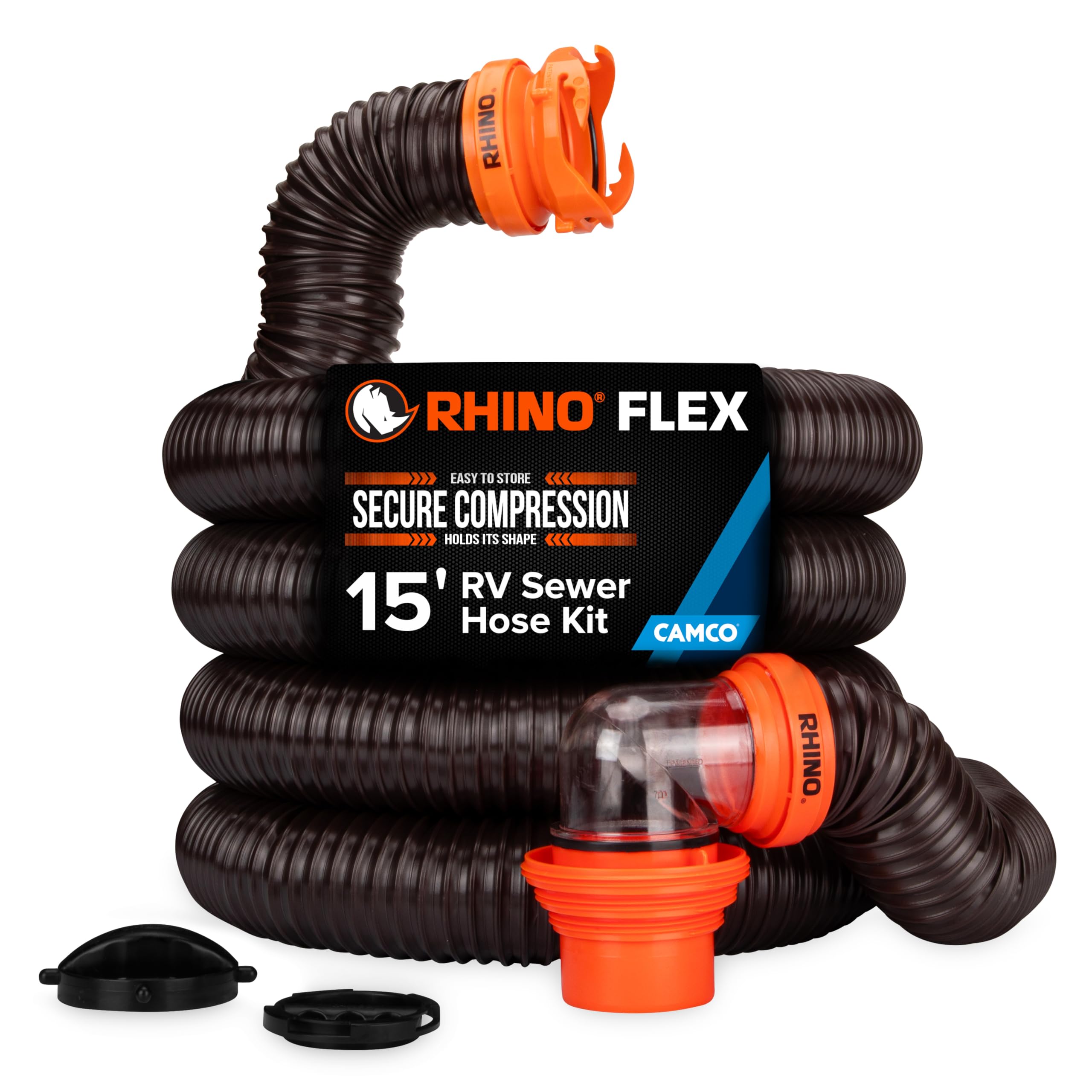 Camco RhinoFLEX 15' RV Sewer Hose Kit — Includes 4-in-1 Adapter, Clear Elbow, & Caps — Connects to 3″ Slip & 3″, 3 1/2″, 4″ NPT Threaded Sewer Connections (39770)