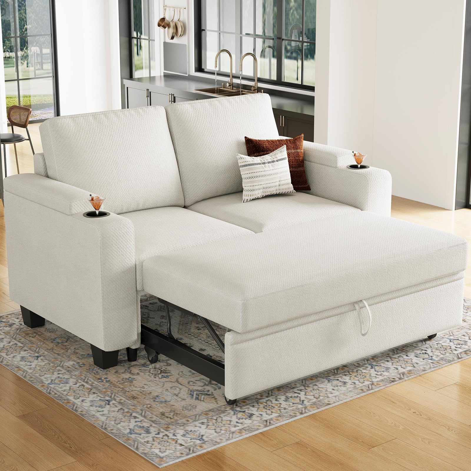 Belffin Modular Sectional Sleeper Sofa Bed with Storage Chaise L Shaped Sectional Couches for Living Room Armrest with Cup Holder. White Couch