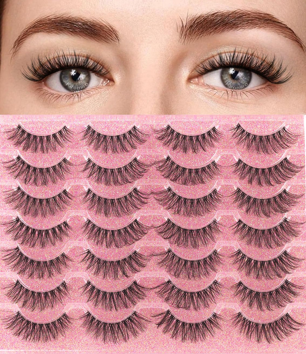 False Lashes Natural Look Wispy Eyelashes Manga Korean Spiky 16mm Short Faux Mink Eyelashes Cat Eye Natural Fake Eyelashes Strip Lashes Pack 14 Pairs