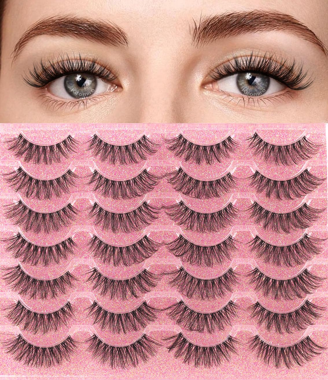 False Lashes Natural Look Wispy Eyelashes Manga Korean Spiky 16mm Short Faux Mink Eyelashes Cat Eye Natural Fake Eyelashes Strip Lashes Pack 14 Pairs