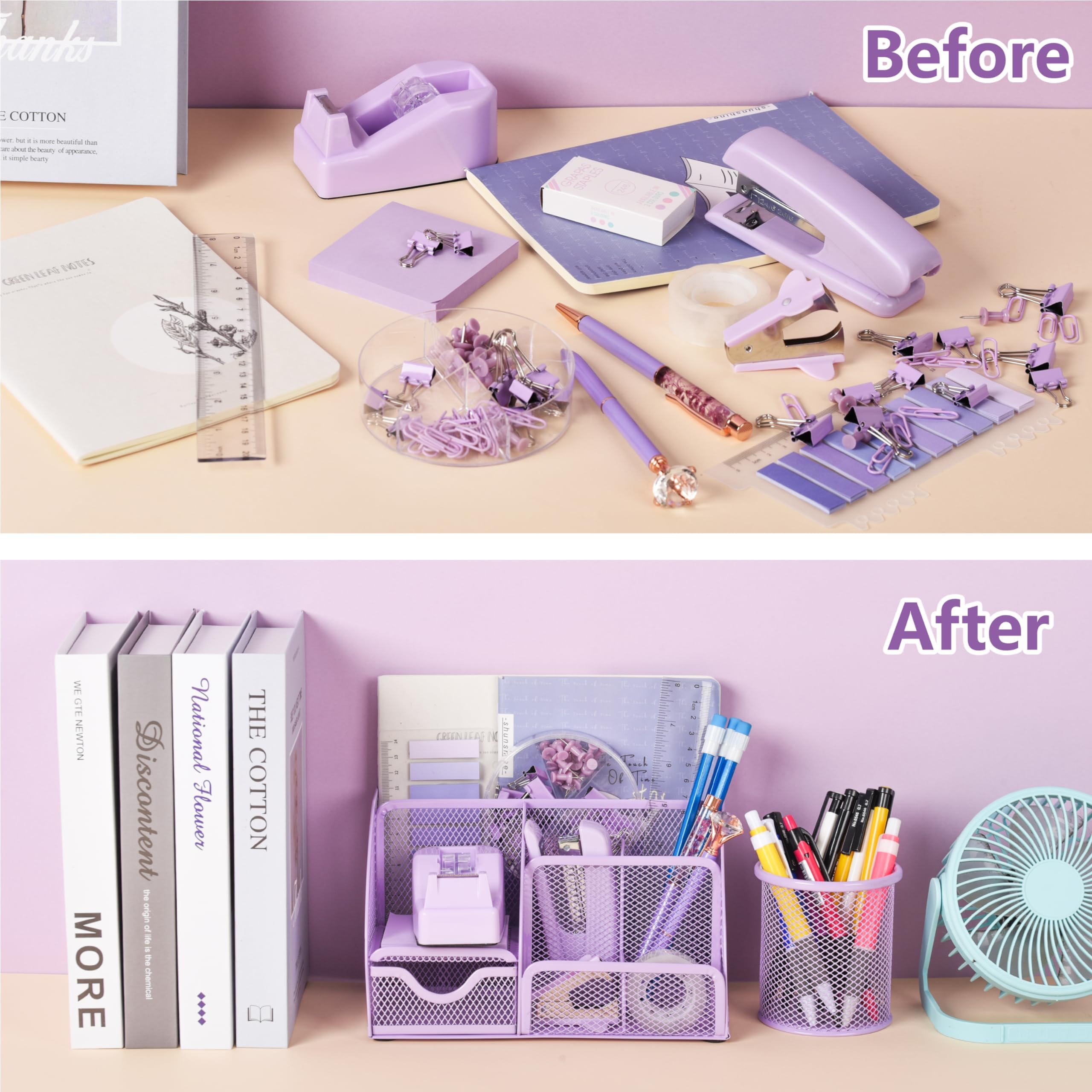 Fayoo 11 Pcs Pink Office Supplies Set Mesh Desk Organizer Accessories Kit include Stapler Tape Dispenser Staple Remover Clips Ruler Scissors Sticky Notes for Office School Home Women (Pink)