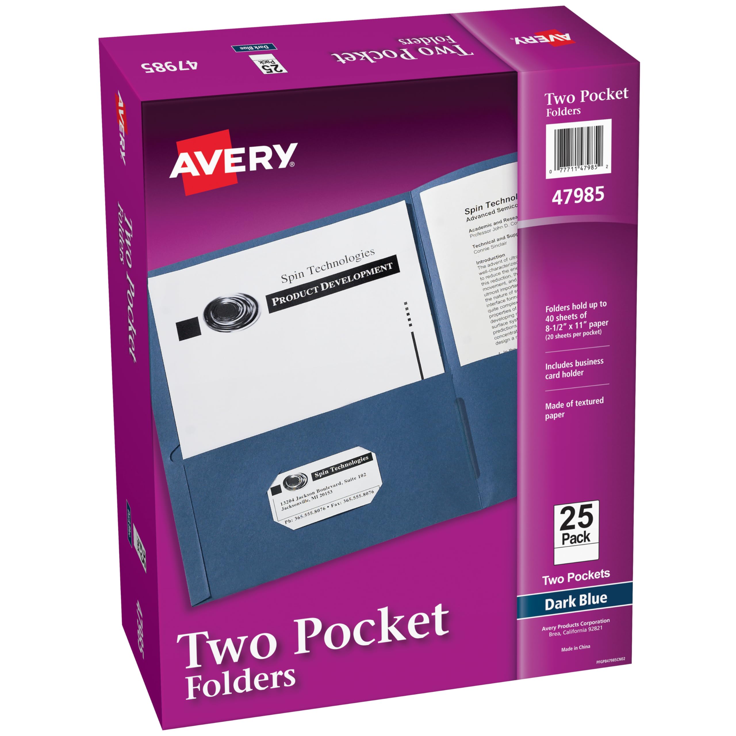 Avery Two Pocket Folders, Holds up to 40 Sheets, Business Card Slot, Ideal for Portfolios, Presentations and School, Dark Blue, Box of 25 (47985)