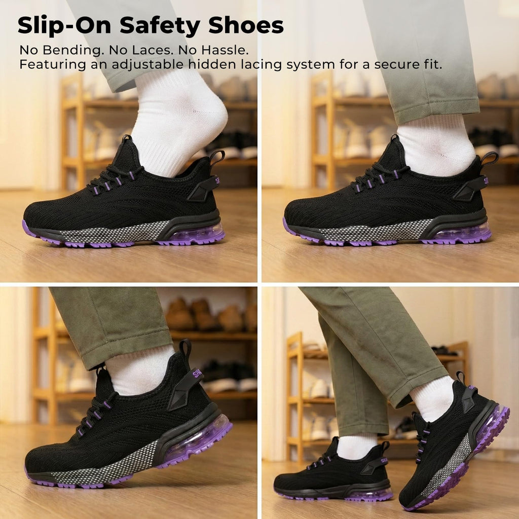 SPIEZ Safety Shoes for Women, Composite Toe Work Shoes with Air Cushioned Comfort, Lightweight Puncture Proof Safety Sneakers for Work and Daily Wear, Black Pink/Purple US4.5–10