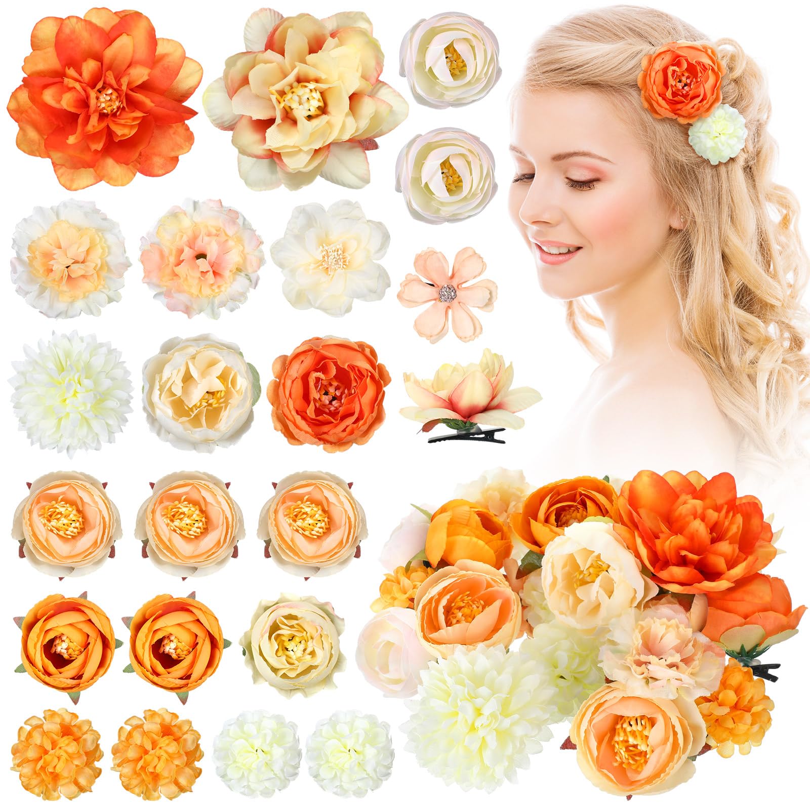 BBTO Flower Hair Clip Rose Hair Clips Barrettes for Women Flower Accessories Boho Bride Claw Clip Hairpin Brooch Pin Headpiece for Wedding(Beige Orange Series,21 Pcs)