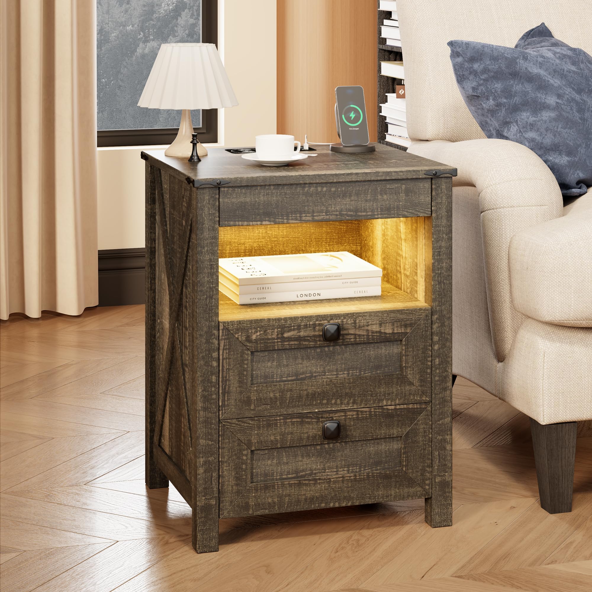 TAGELIER Farmhous Nightstand with Gun Drawer,Bedside Table with Charging Station, Gun Night Stand with LED Light & Human Sensor,Smart End Table for Bedroom, Black