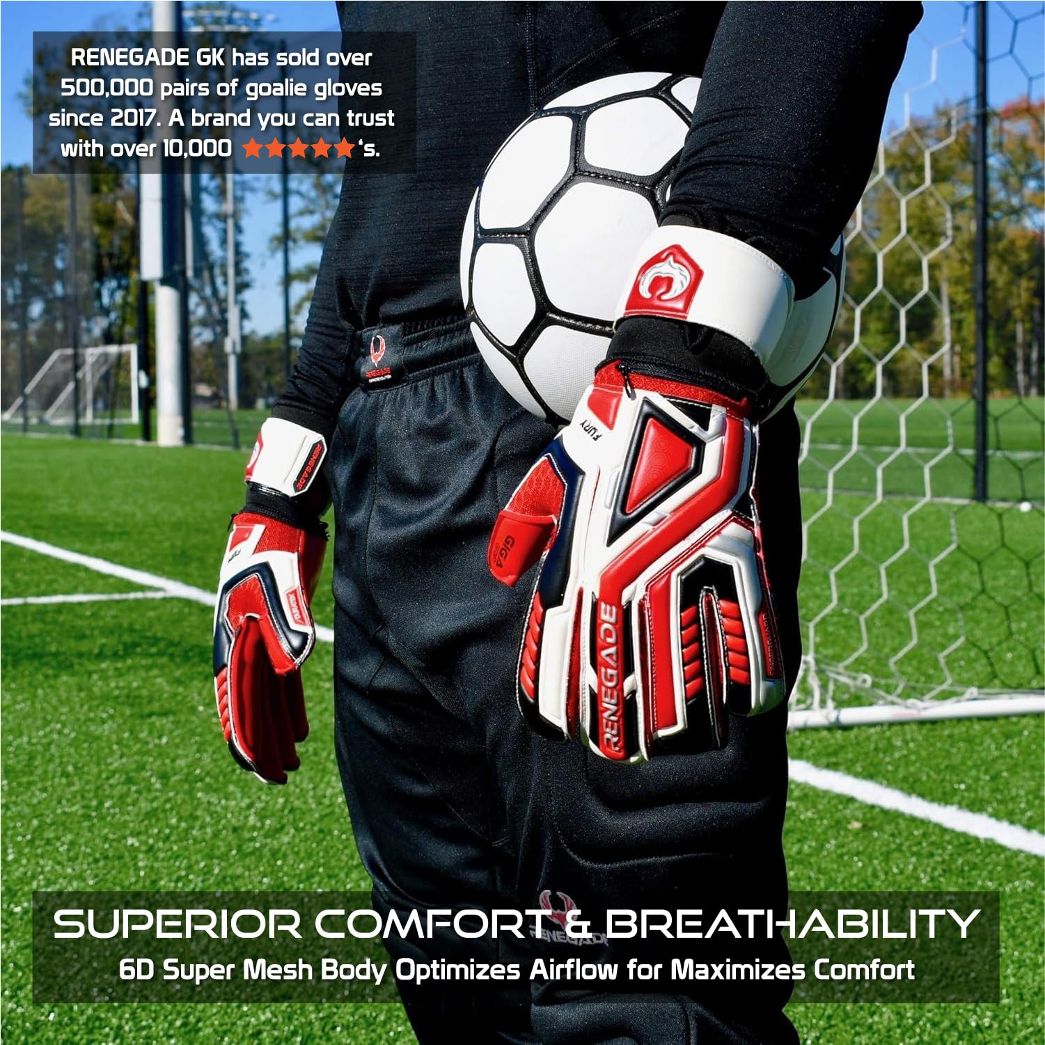 Renegade GK Fury Goalie Gloves with Microbe-Guard - Adult, Youth, Kids (Sizes 6-11) Pro-Tek Fingersaves & 4+3MM Giga Grip | High Performance Pro-Level Goalkeeper Glove | Based in USA