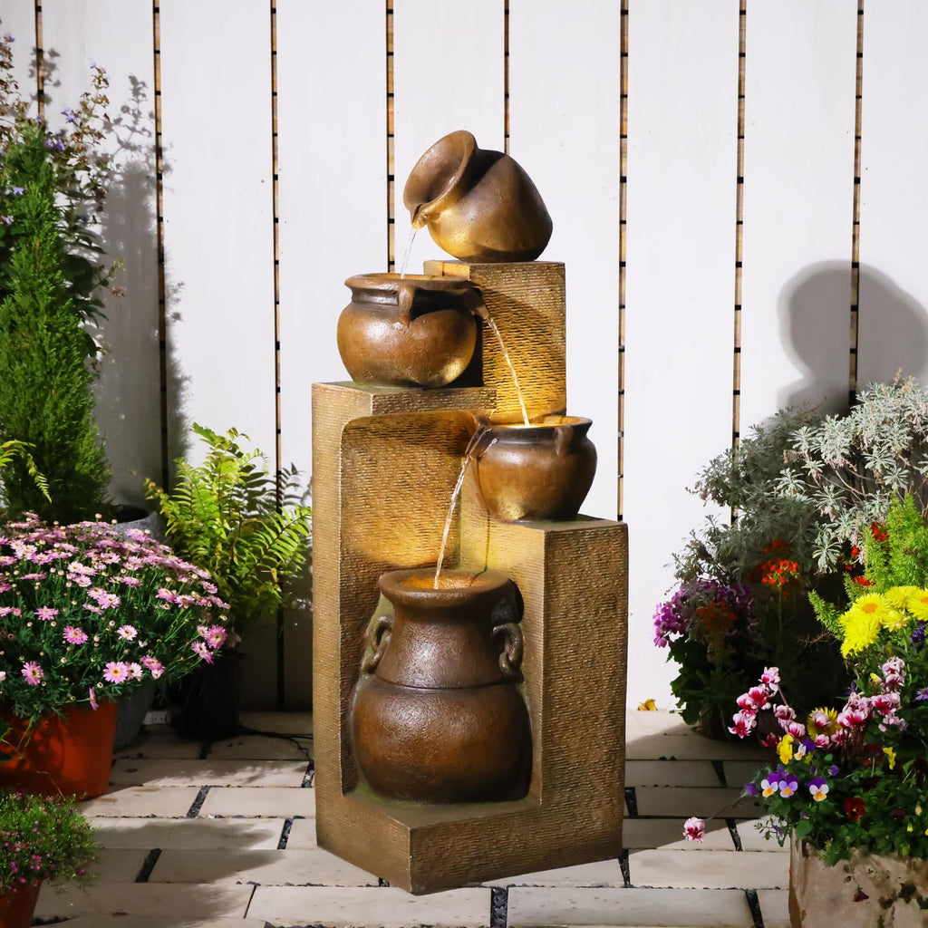 Bumilgar 2-Tier Bowl Water Fountain with LED Lights, 27.95" Tall Freestanding Outdoor & Indoor Garden Waterfall Fountain for Yard, Patio, Backyard, Floor Standing Home Decor