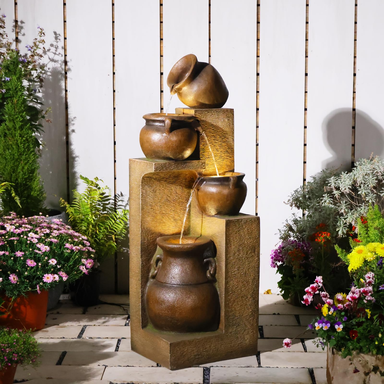 Bumilgar 2-Tier Bowl Water Fountain with LED Lights, 27.95" Tall Freestanding Outdoor & Indoor Garden Waterfall Fountain for Yard, Patio, Backyard, Floor Standing Home Decor