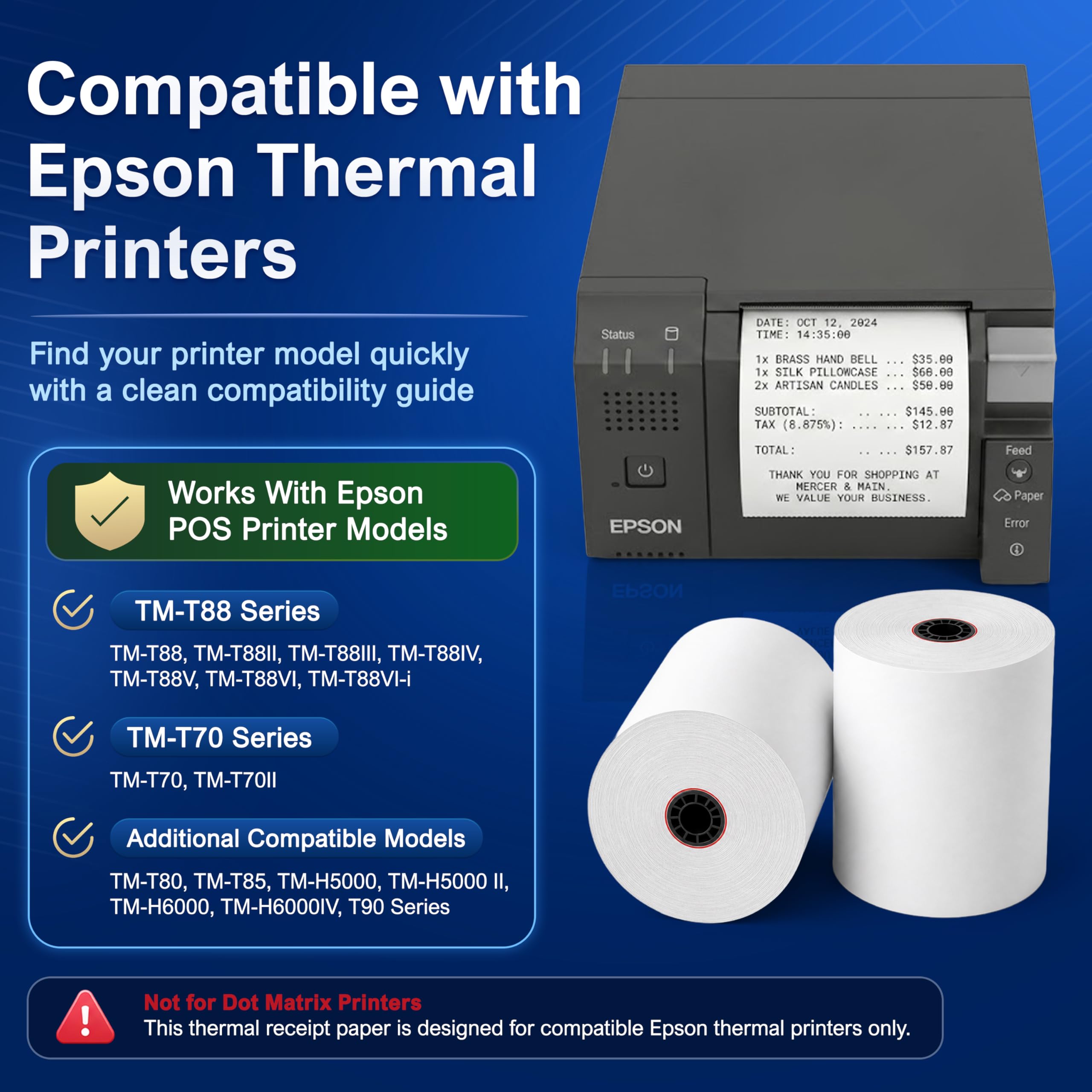 3 1/8 x 230 Thermal POS Rolls for Epson Printers, BPA Free Thermal Printing Compatible with TM-T88 TM-T70 TM-T80 TM-T85 TM-H6000 T90 Series, Credit Card Machine & POS Printer Supplies, Pack of 12