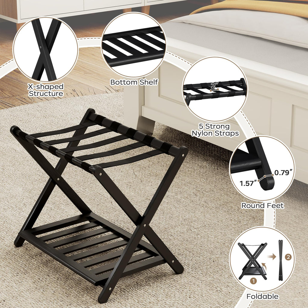 oakvivo Fully Assembled Black Luggage Rack for Guest Room, Bamboo Foldable Suitcase Stand with 5 Nylon Straps, Upgraded Luggage Rack Holder with Shelf for Bedroom Hotel, Holds up to 165 Lbs, 1pcs
