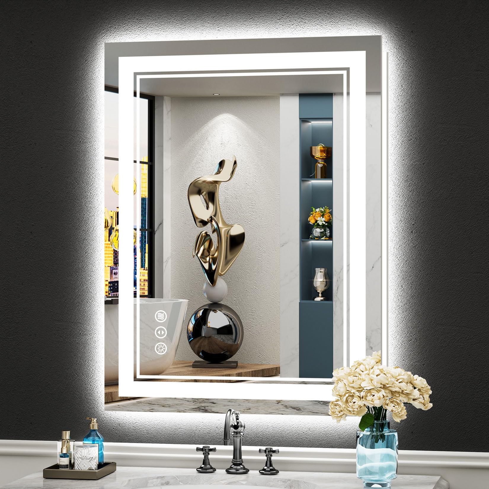 24x32 Black Framed LED Bathroom Mirror with Lights, Backlit and Front Lit Anti-Fog Lighted Vanity Mirrors for Bathroom Wall, Dimmable, 3 Colors, Memory, HD Tempered Glass, Horizontal/Vertical