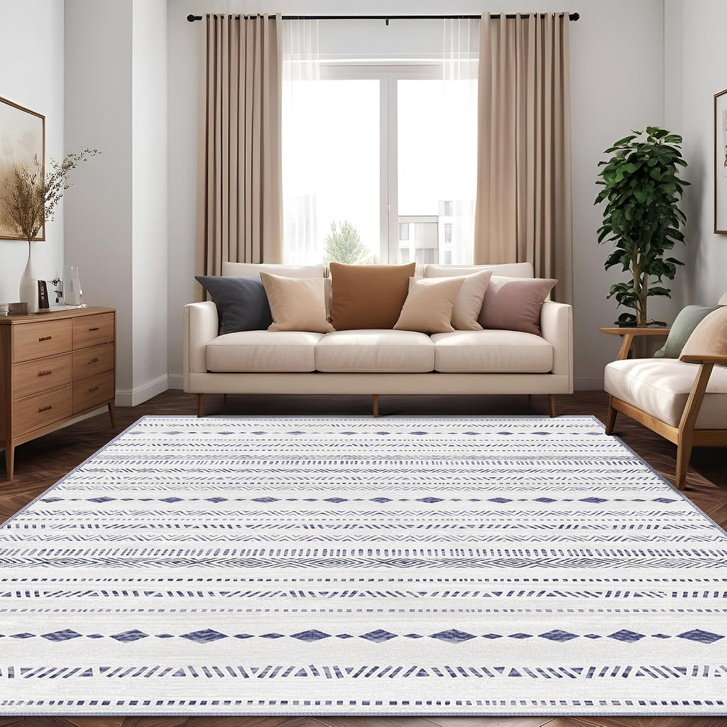 Washable Rug 6x9 Area Rugs: 6x9 Rug Moroccan Soft Geometric Machine Washable Rug Non-Slip, Low Pile Indoor Floor Neutral Carpet Large Rugs for Living Room, Bedroom, Under Dining Table- Blue/Grey
