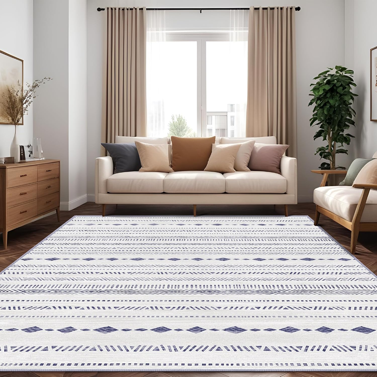 Washable Rug 6x9 Area Rugs: 6x9 Rug Moroccan Soft Geometric Machine Washable Rug Non-Slip, Low Pile Indoor Floor Neutral Carpet Large Rugs for Living Room, Bedroom, Under Dining Table- Blue/Grey