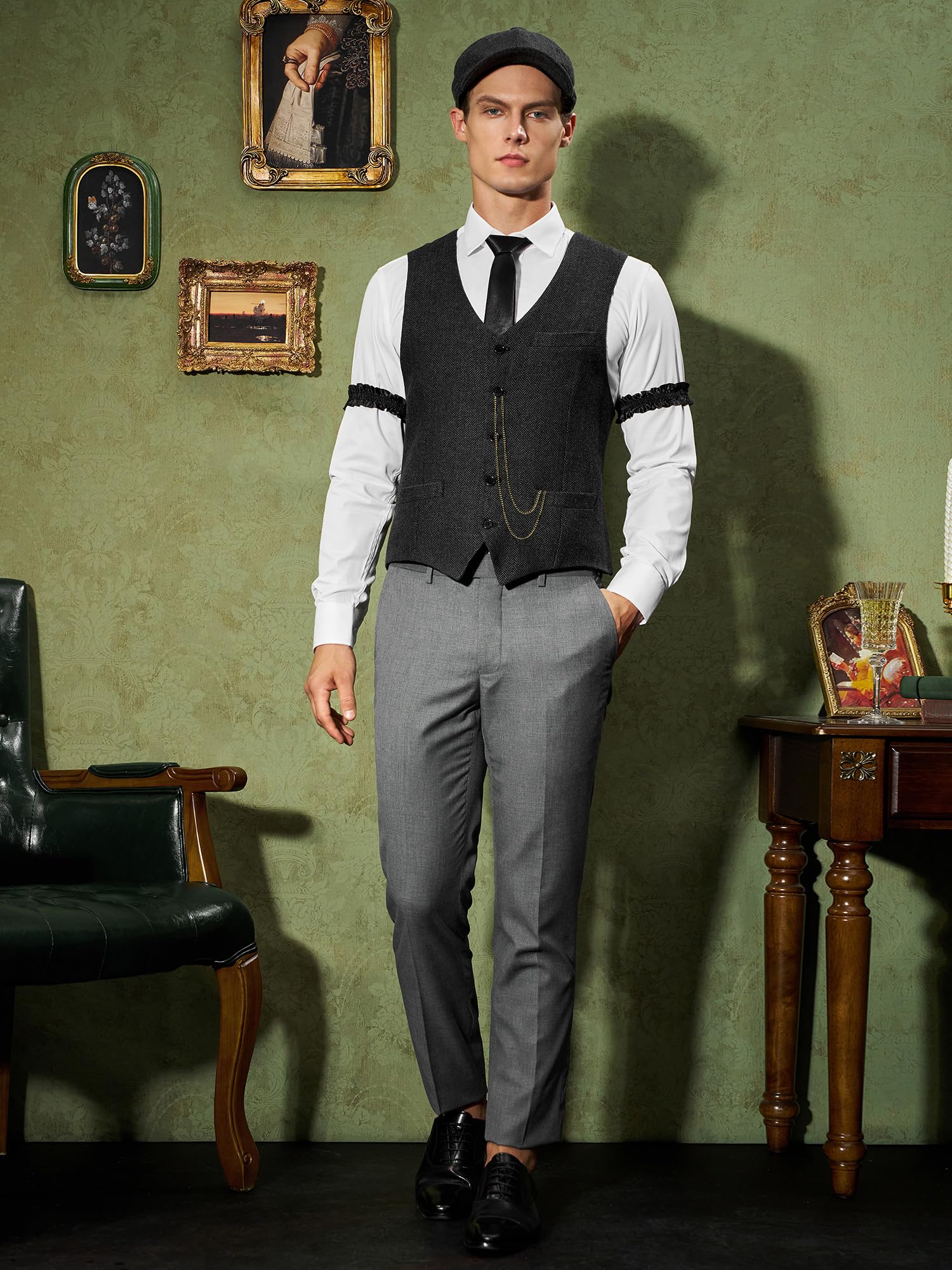 YESSA 1920s Mens Costume,Roaring 20s Costumes for Men,Gatsby Costume Men,1920s Mens Outfit Hat Vest Pocket Watch Tie