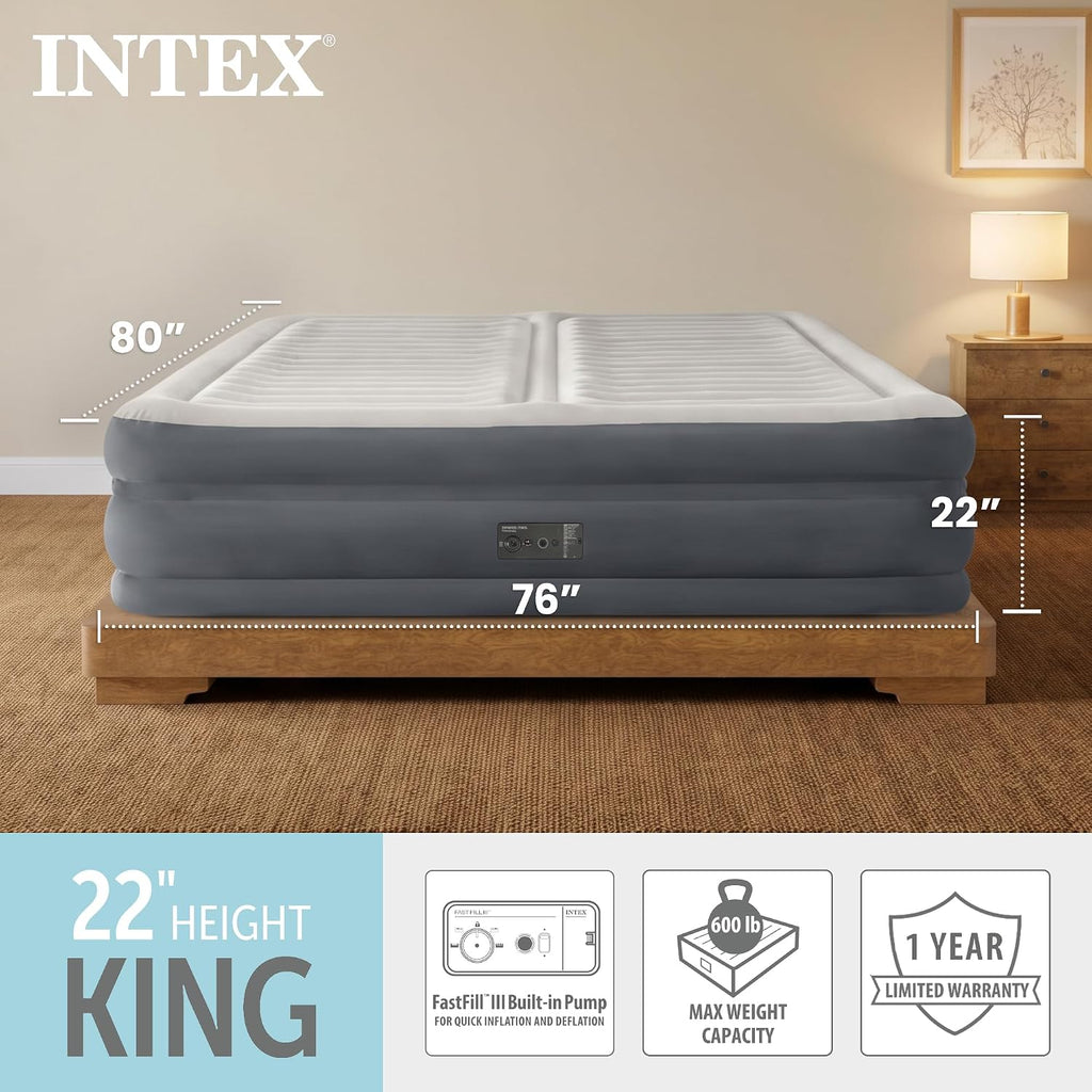 Intex 64953E 22in King Dura-Beam Fiber-Tech Deluxe Dual Zone High-Rise Inflatable Air Mattress with Built in Pump for Travel and Camping