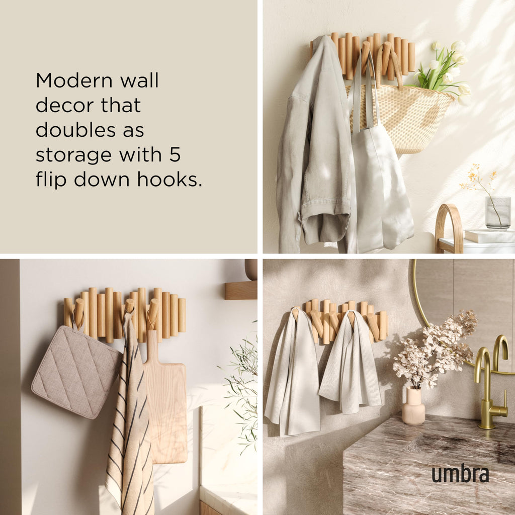Umbra Picket Wall-Mounted Coat Rack Rail Hook with 5 Retractable Wood Pegs – Modern, Space-Saving Storage Organizer, Black