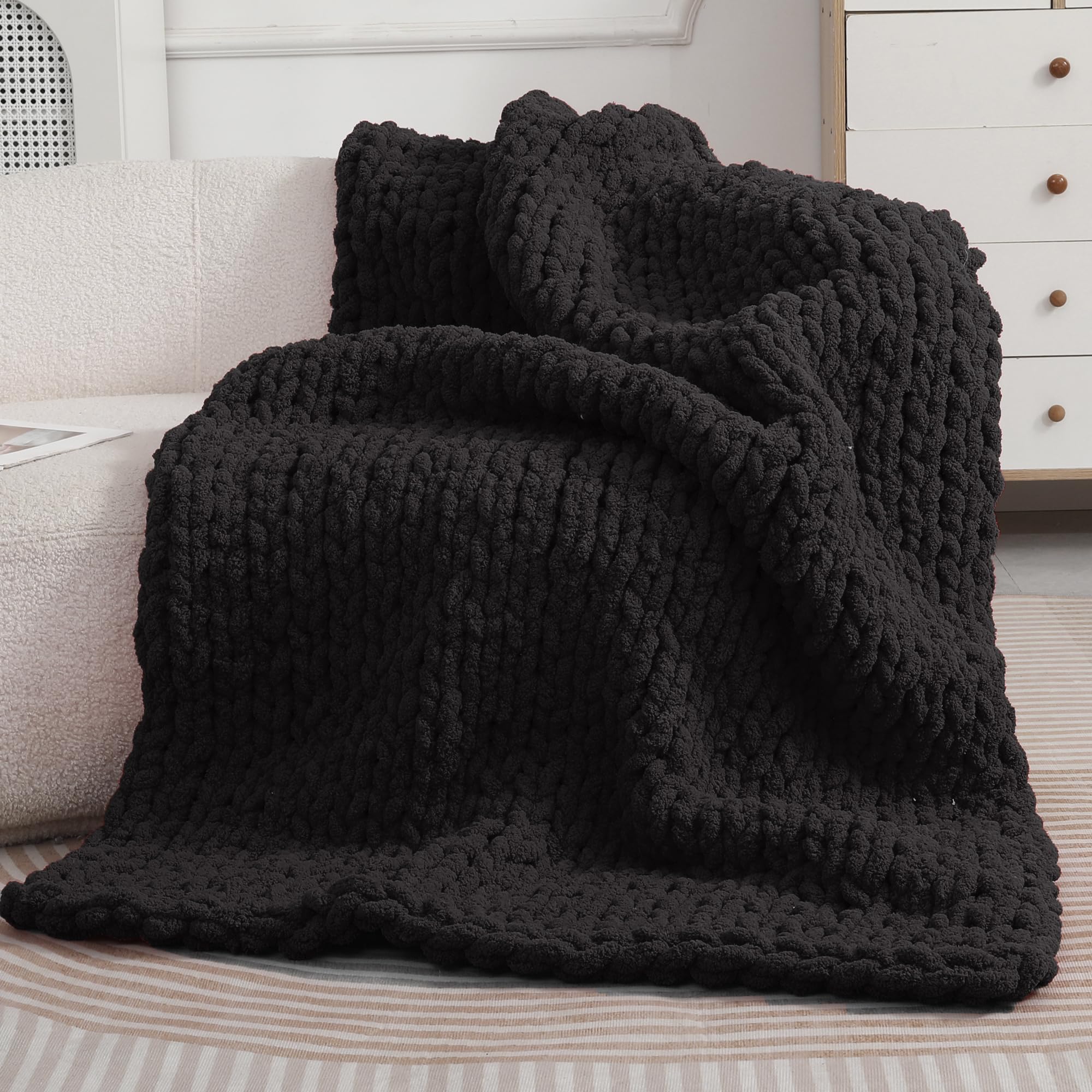 Chunky Chenille Yarn for Hand Knitting 8 Jumbo Pack Jumbo Chunky Yarn for Hand Soft Blanket Knitting, Bulky Thick Fluffy Yarn for Crocheting (Black)