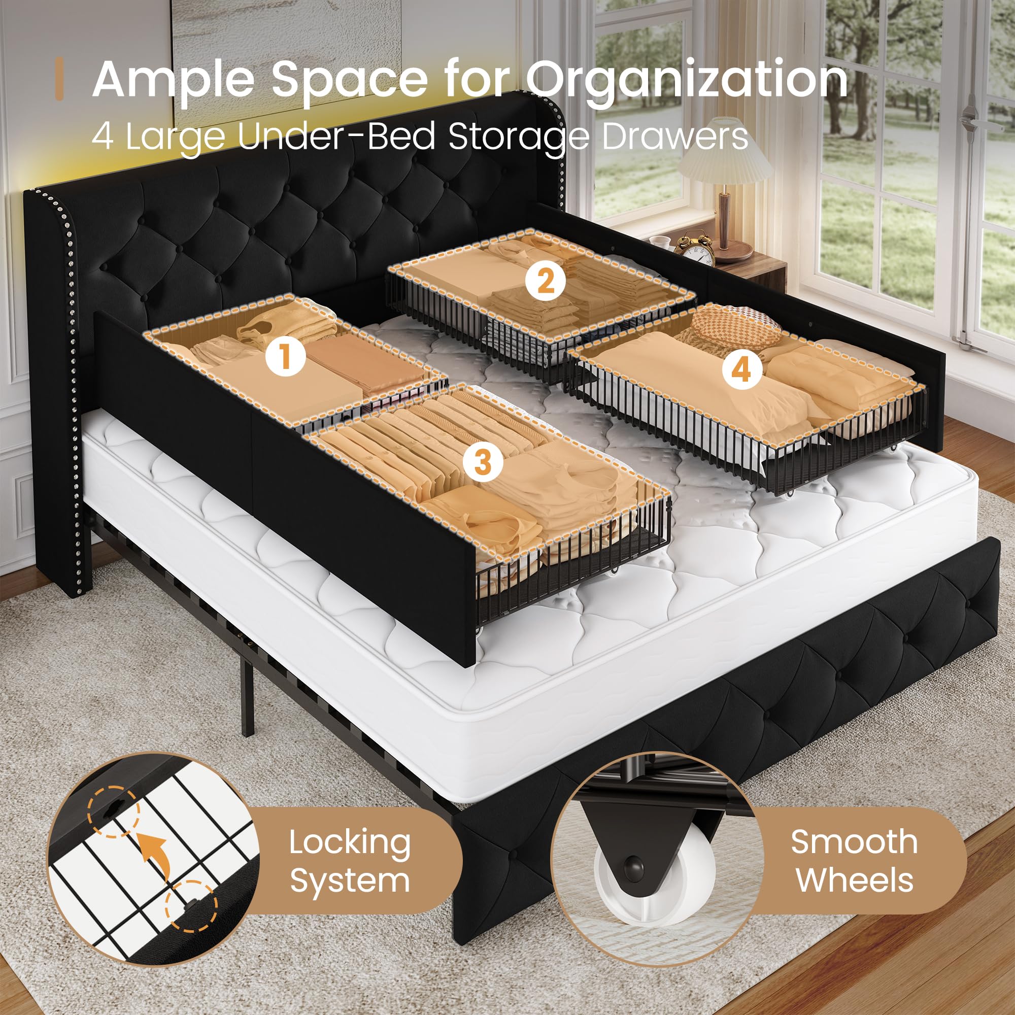 BRELTAM Full Size Bed Frame with Storage Drawers and Wingback Headboard Linen Upholstered Platform Bed Frame Tufted Beds with Heavy Duty Wood Slats, Noise Free, Easy Assembly, Beige