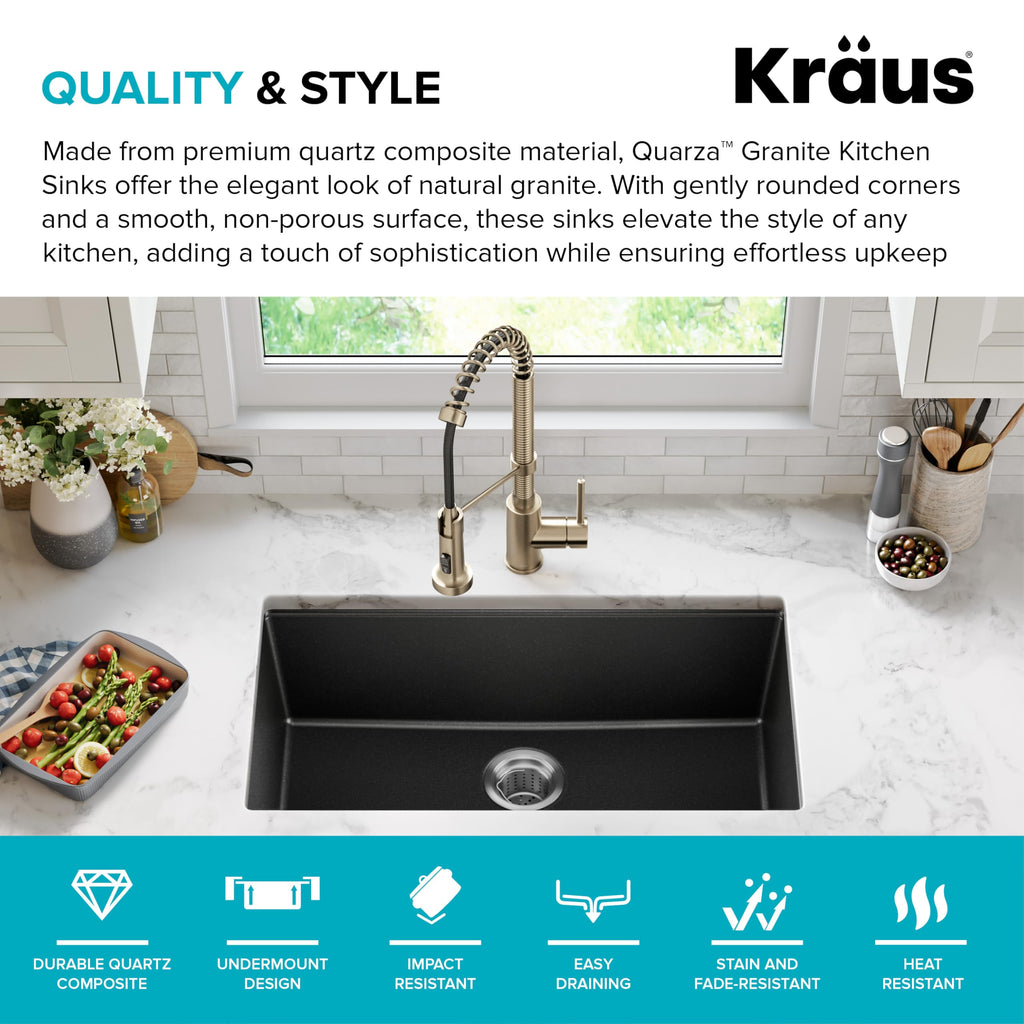 KRAUS Quarza 31-inch Undermount Single Bowl Granite Kitchen Sink in Black Onyx, KGU-413B