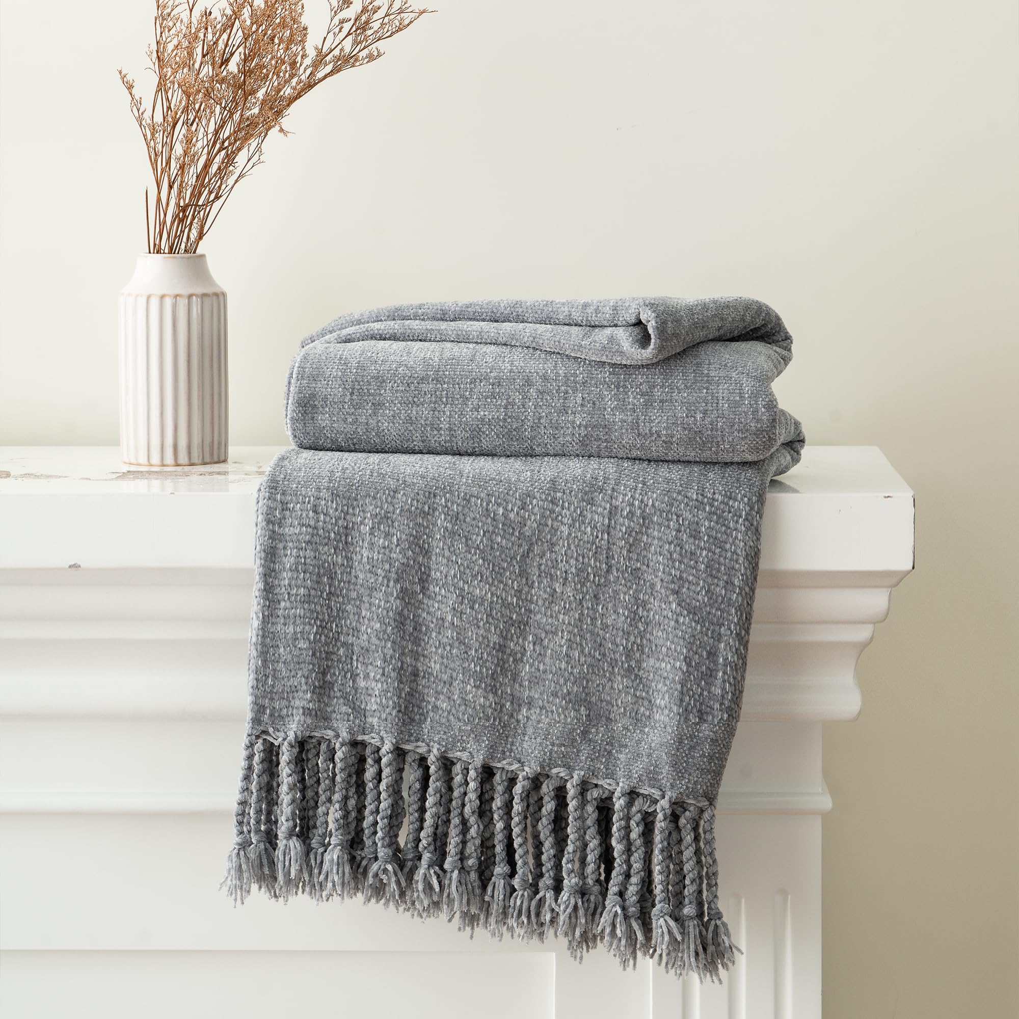 BATTILO HOME Beige Chenille Throw Blanket for Couch, Soft Cozy Textured Knit Throw Blanket with Handmade Fringe Tassels, Lightweight Decorative Farmhouse Blanket for Sofa Bed Chair, 50"x60"