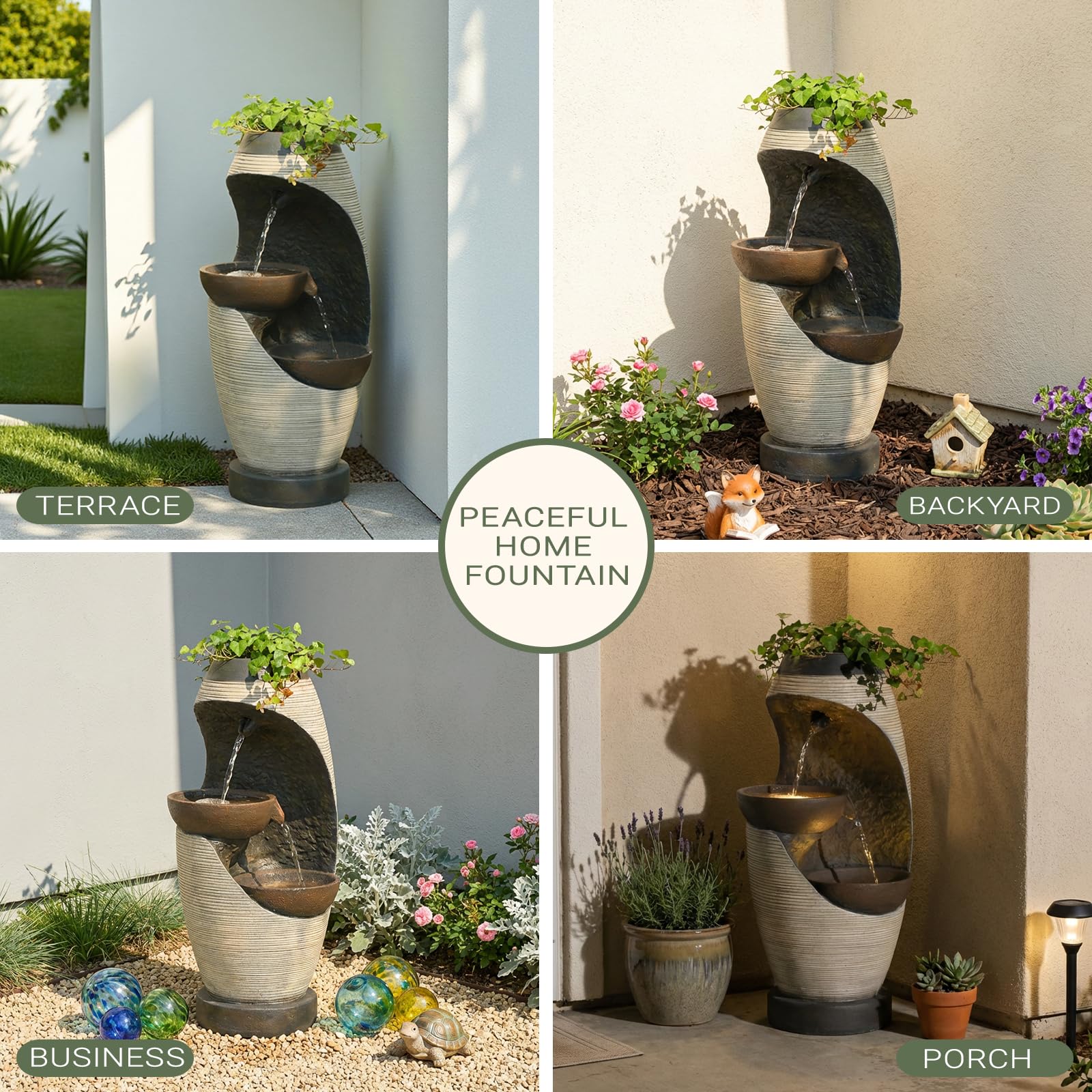 Bumilgar 2-Tier Bowl Water Fountain with LED Lights, 27.95" Tall Freestanding Outdoor & Indoor Garden Waterfall Fountain for Yard, Patio, Backyard, Floor Standing Home Decor