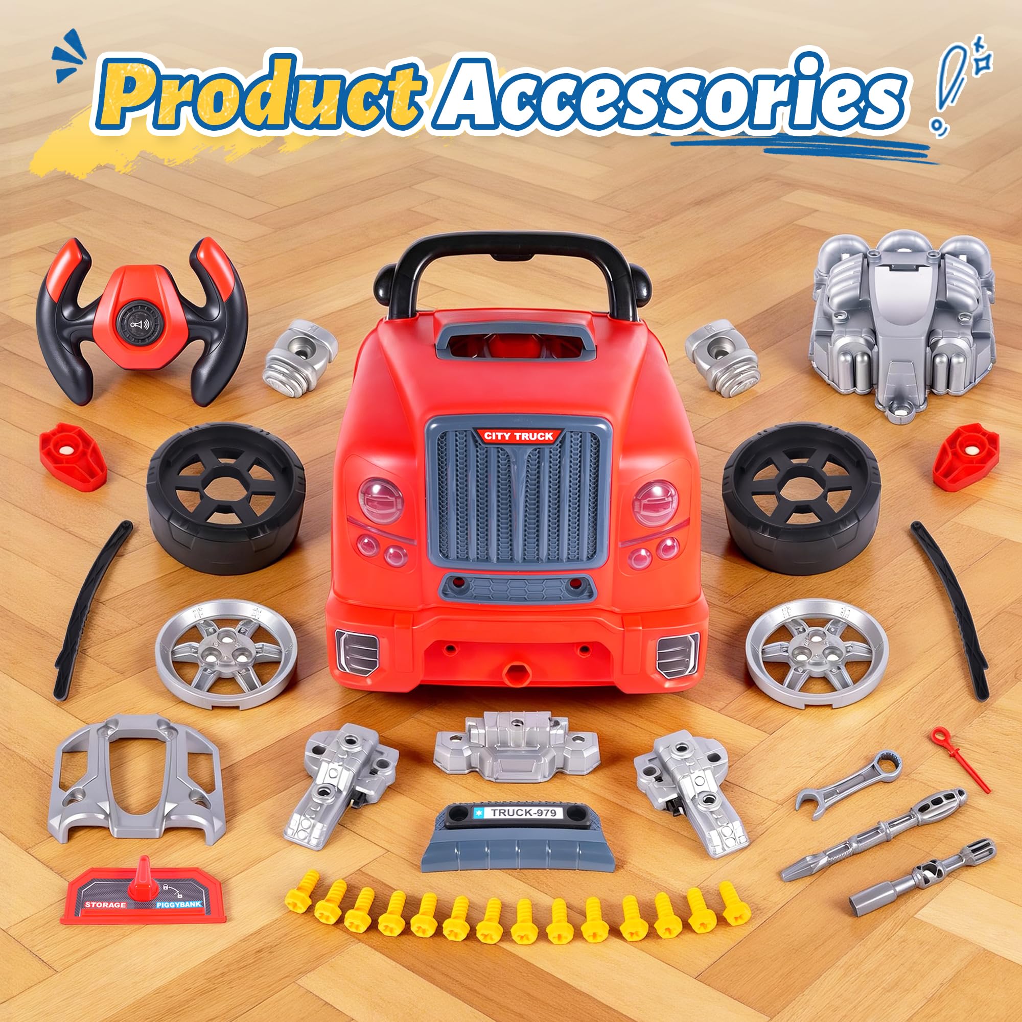 POFJOEQ Interactive Truck Engine Toy with Removable Parts - Lights, Sounds, and Fun for Young Mechanics -Unleash Their Creativity and Motor Skills with This Truck Engine Toy (Bule)