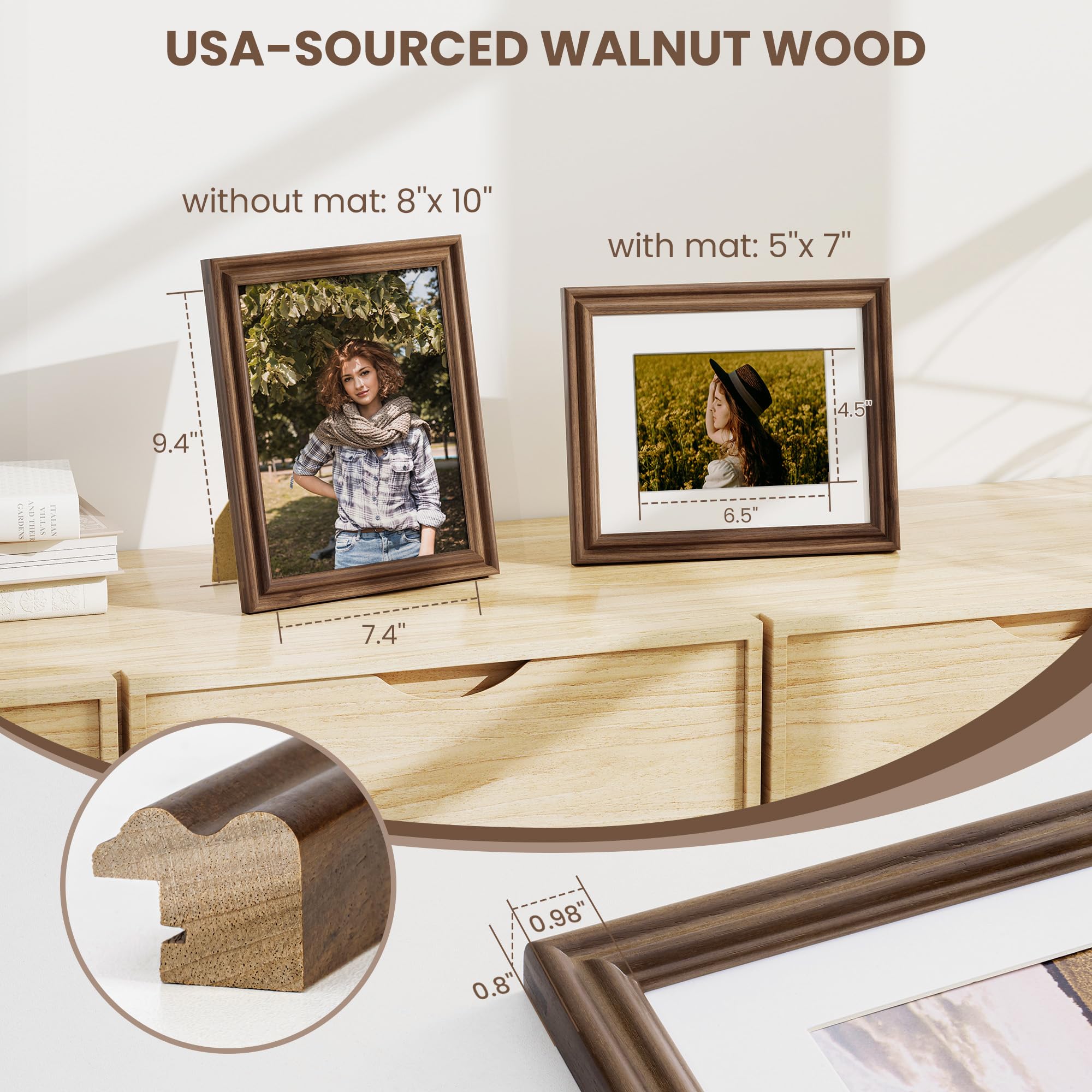 Fun Memories 5x7 Picture Frame with Mat for 4x6 Photo, Solid Elm Wood & Tempered Glass, Rustic Wall & Tabletop Display Frame, Grey, 1 Pack