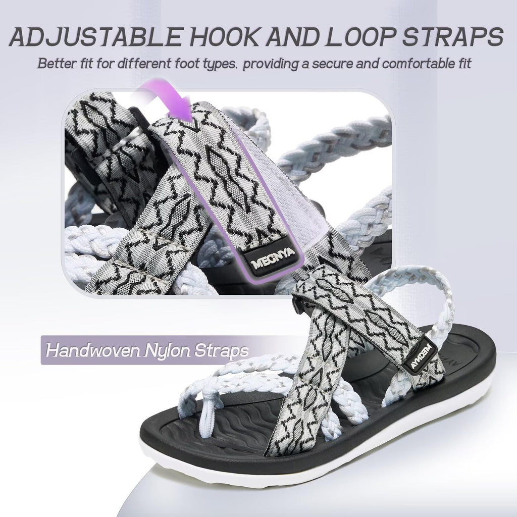 MEGNYA Hiking Sandals for Womens, Comfortable Walking Flip Flop Sandals with Arch Support, Athletic Sandals with Hook and Loop Straps for Beach Vacation Adventure