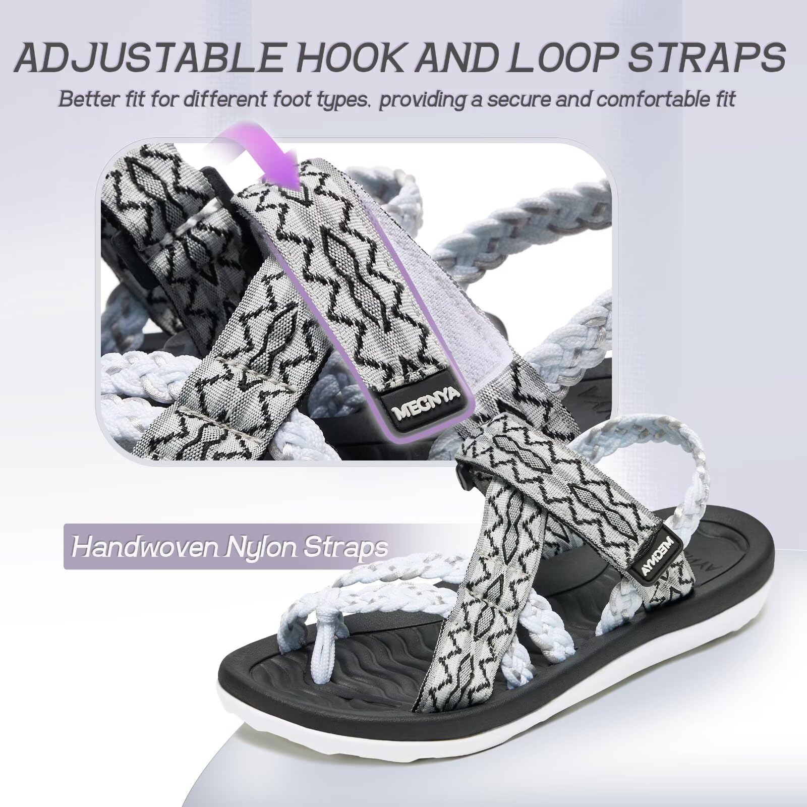 MEGNYA Hiking Sandals for Womens, Comfortable Walking Flip Flop Sandals with Arch Support, Athletic Sandals with Hook and Loop Straps for Beach Vacation Adventure