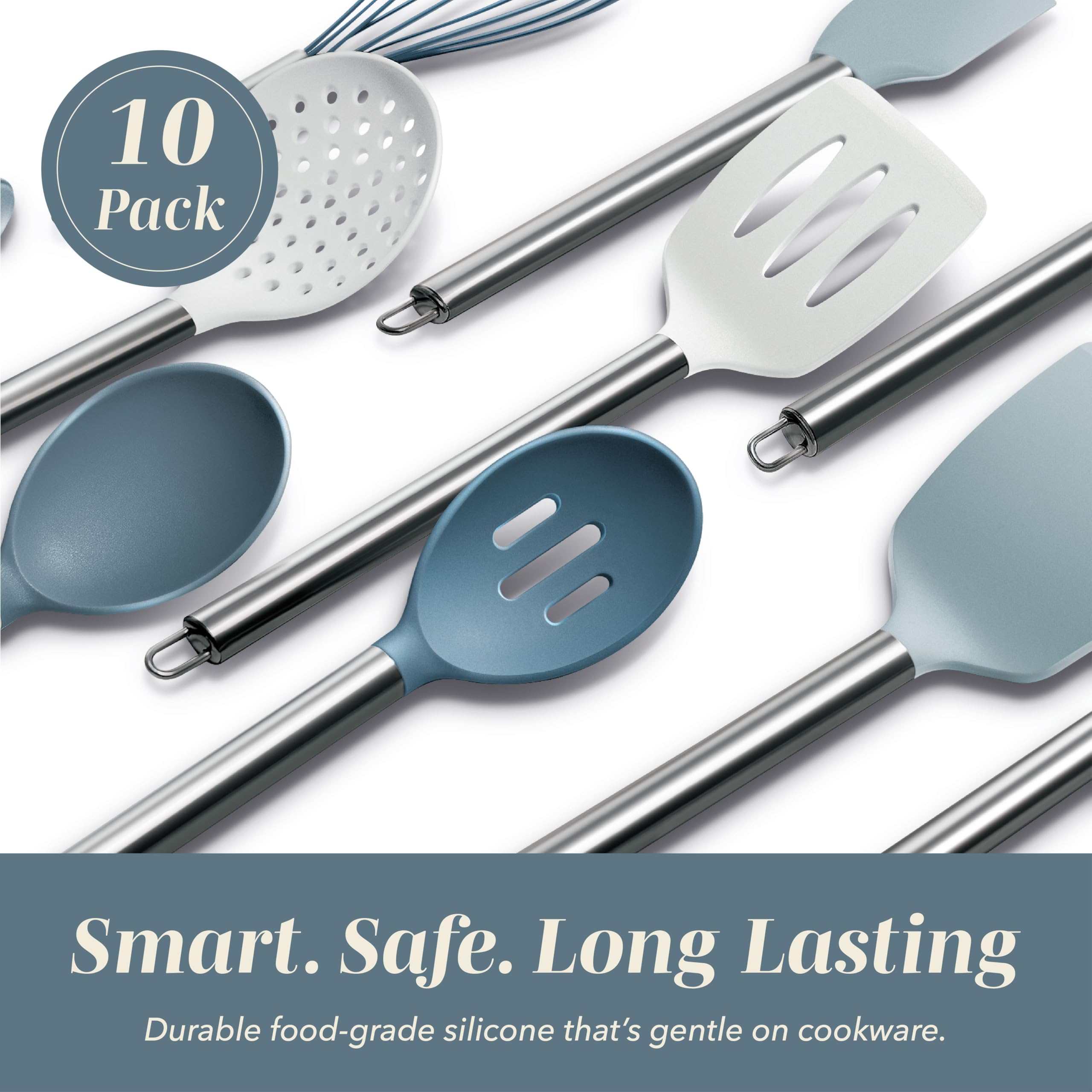 COOK WITH COLOR Silicone Cooking Utensils, Kitchen Utensil Set, Easy to Clean Silicone Kitchen Utensils, Cooking Utensils for Nonstick Cookware, Kitchen Gadgets Set with Holder, 10 Pieces