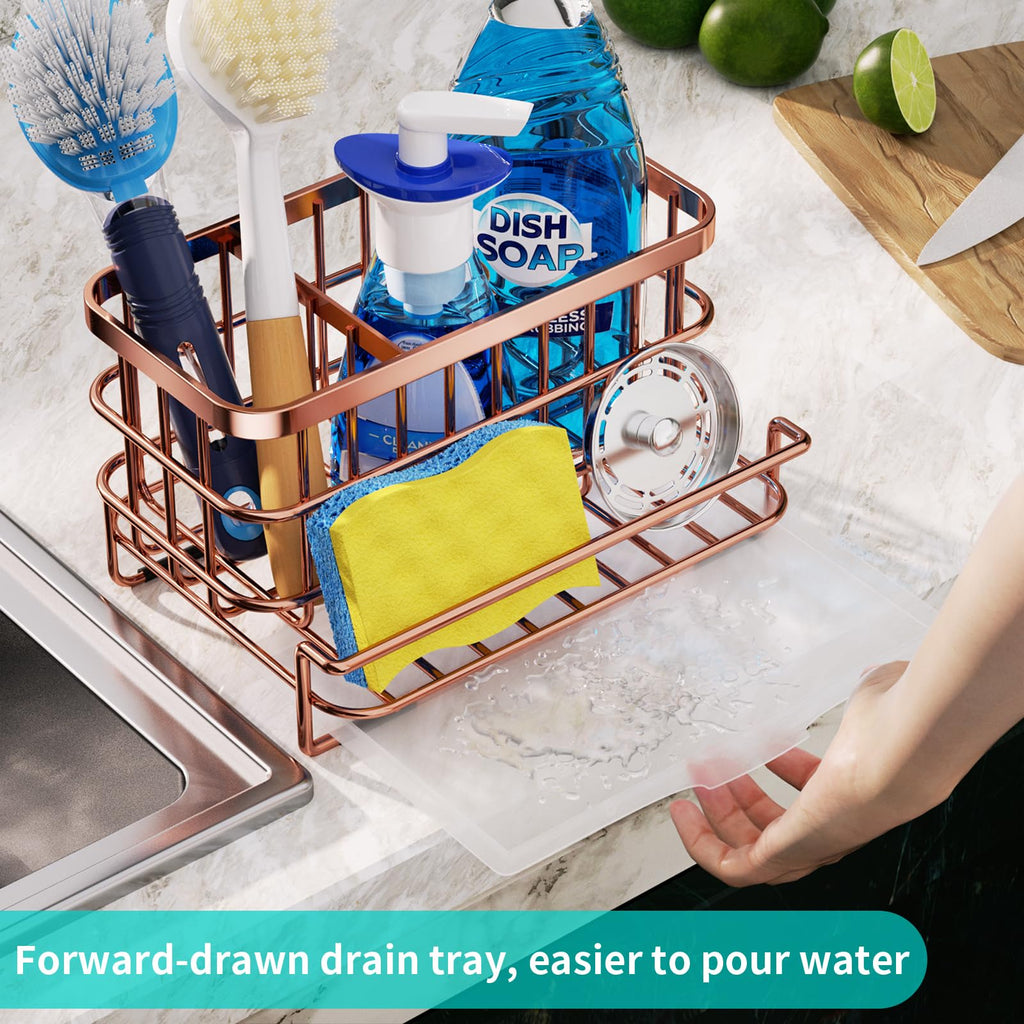 HapiRm Kitchen Sink Organizer, SUS304 Stainless Steel Rustproof Multifunctional Large Sink Caddy with Sponge Holder and Drain Tray for Kitchen Countertop (Silver)