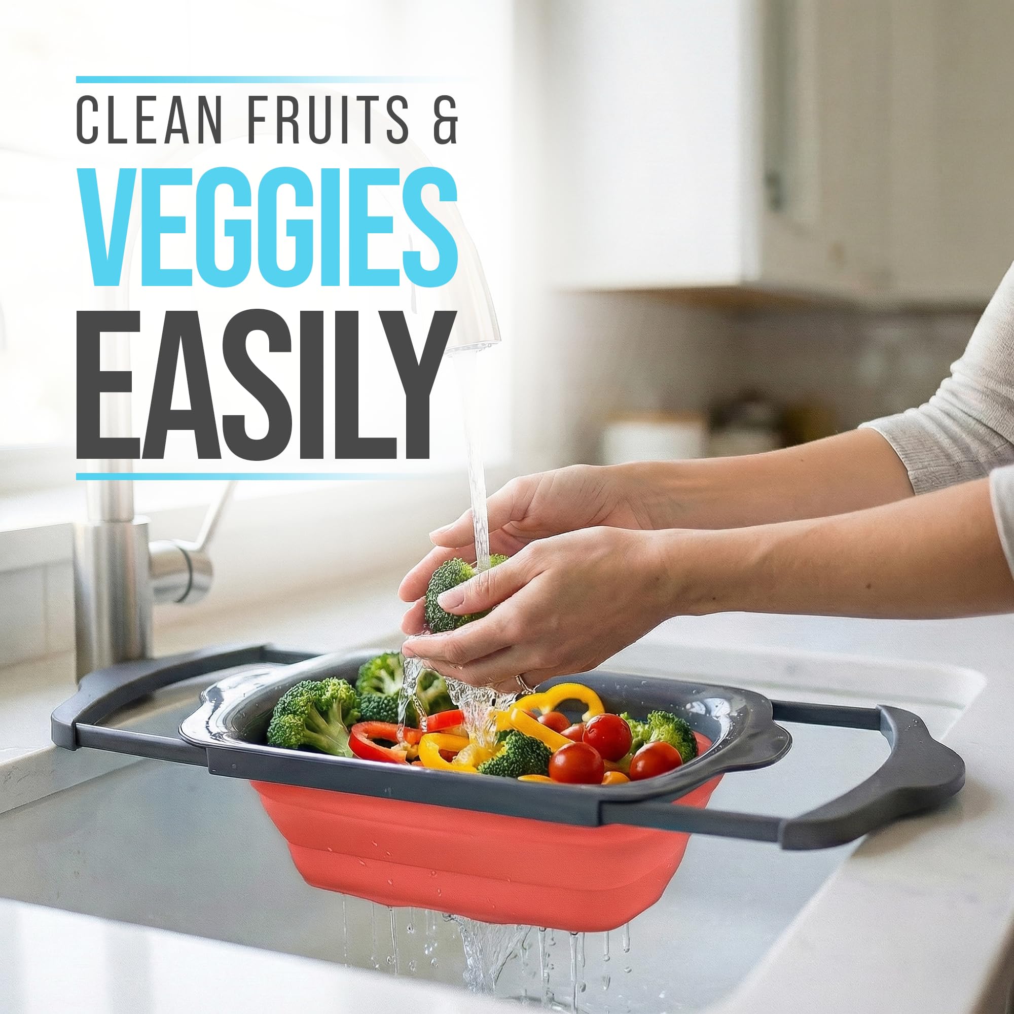 Comfify Over-the-Sink Colander with Handles – Sleek Plastic Black Kitchen Strainer for Pasta, Vegetables & Fruits – Space-Saving Design – 17.1 x 10.2 x 1.75 Inches
