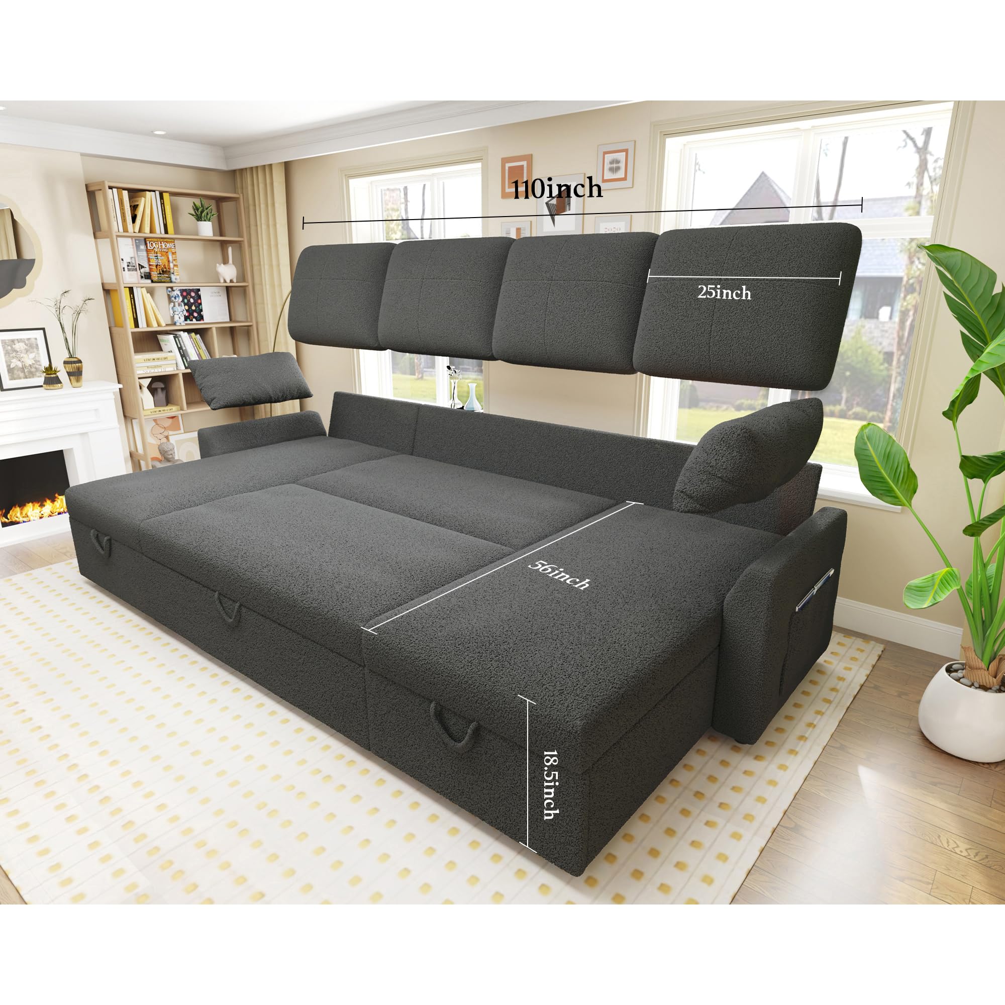 PaPaJet Sofa Bed, Sleeper Sofa with Storage Chaise, L Shaped Sofa with Pull Out Bed, Oversized Sofas for Living Room, Beige