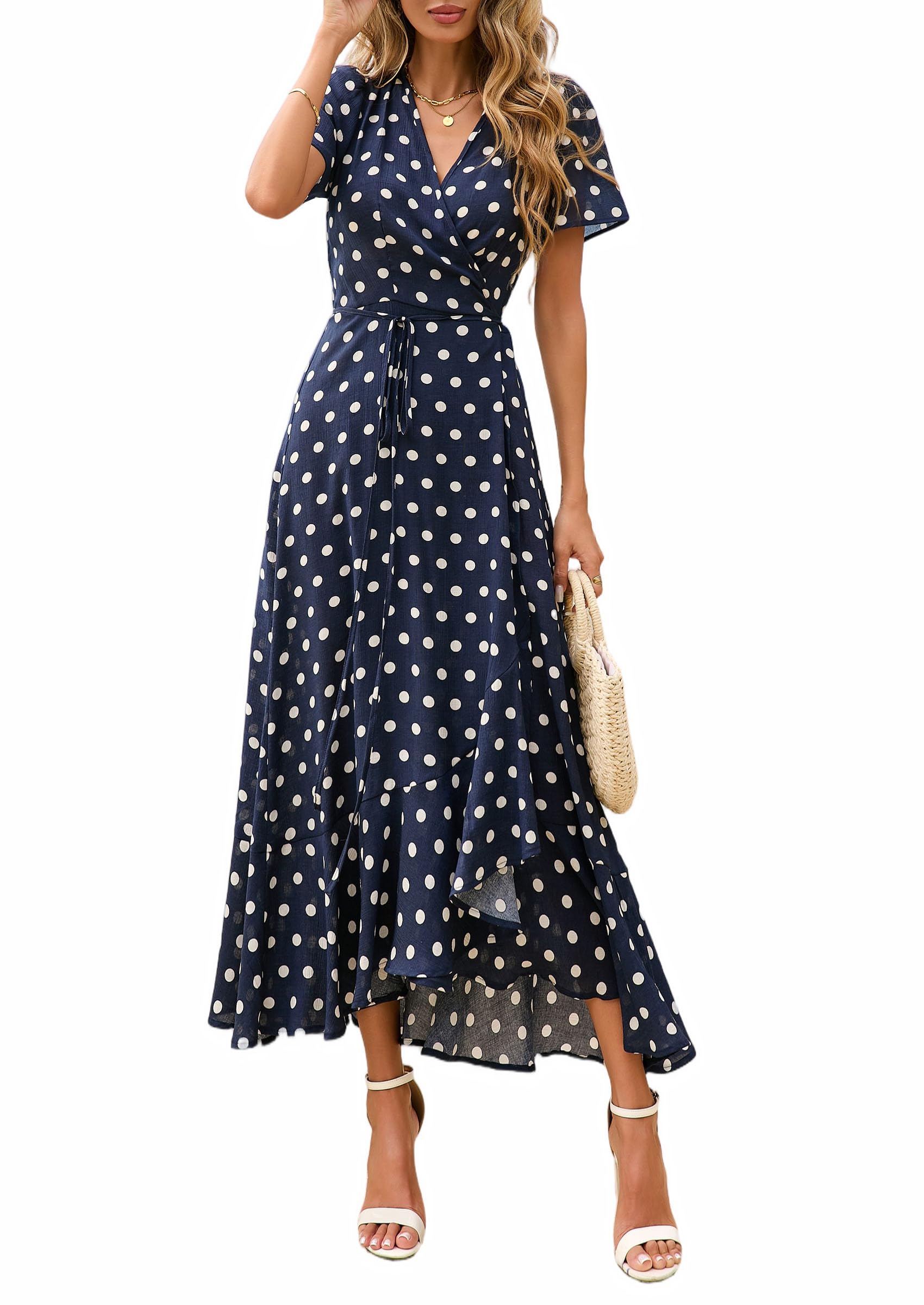 PRETTYGARDEN Women's Boho Floral Maxi Dress Summer Short Sleeve Wrap V Neck Long Flowy Beach Vacation Wedding Guest Dresses