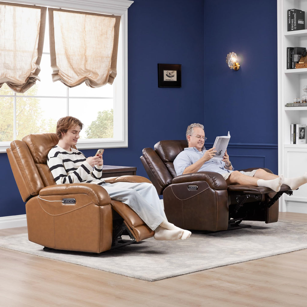 Watson & Whitely Genuine Leather Power Recliner Chairs for Adults, Wall Hugger RV Recliner with Power Headrest & Charging Ports, Electric Recliner Sofa Chair for Living Room, Black