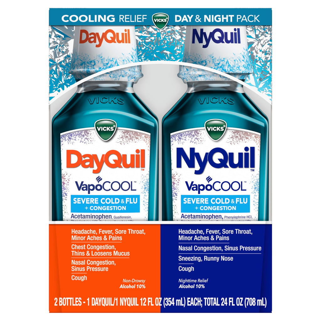 Vicks DayQuil & NyQuil SEVERE Cold & Flu Medicine, Relief for Headache, Fever, Sore Throat, Minor Aches & Pains, Nasal Congestion, Sinus Pressure, Stuffy Nose, and Cough, Co-Pack, 2 x 12 OZ