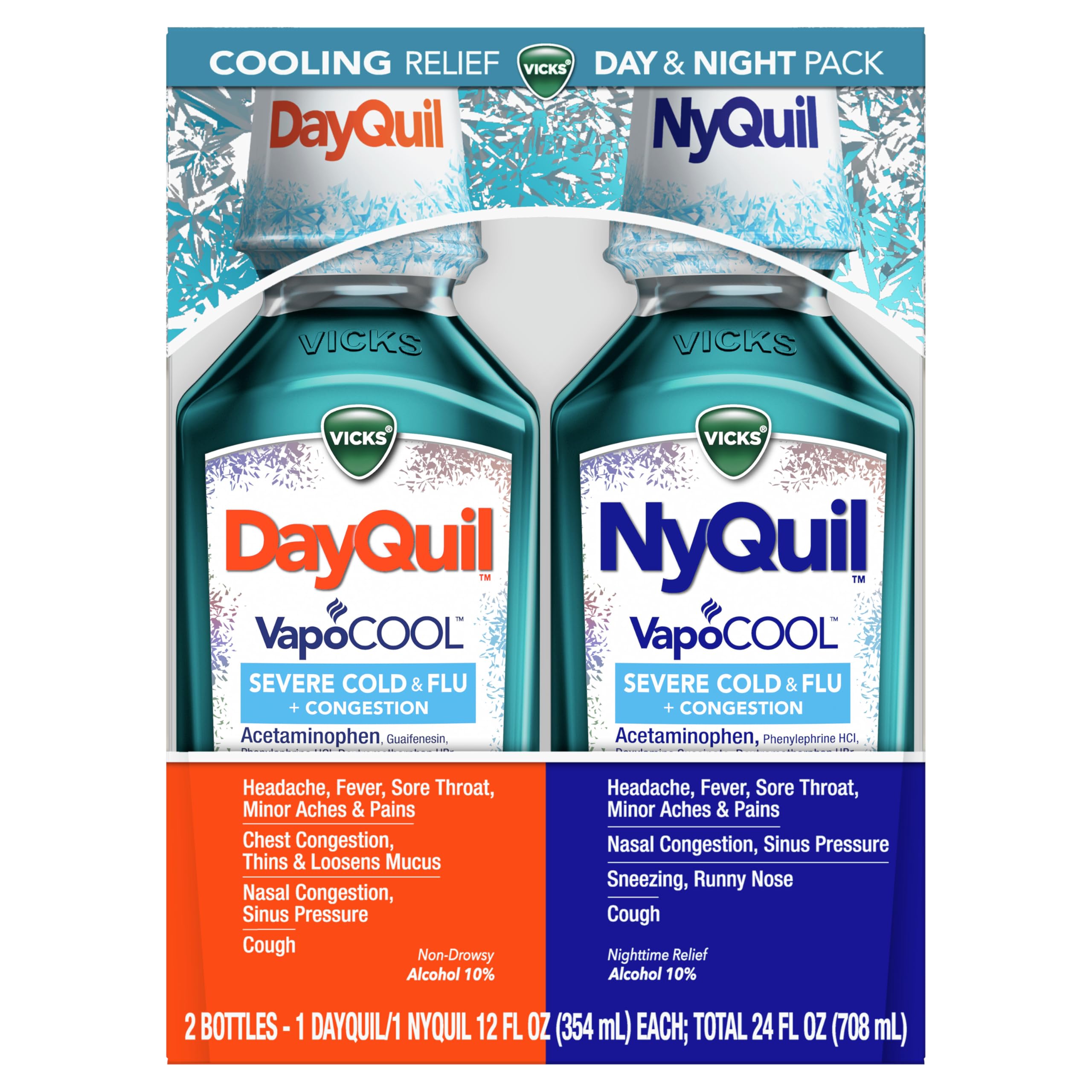 Vicks DayQuil & NyQuil SEVERE Cold & Flu Medicine, Relief for Headache, Fever, Sore Throat, Minor Aches & Pains, Nasal Congestion, Sinus Pressure, Stuffy Nose, and Cough, Co-Pack, 2 x 12 OZ