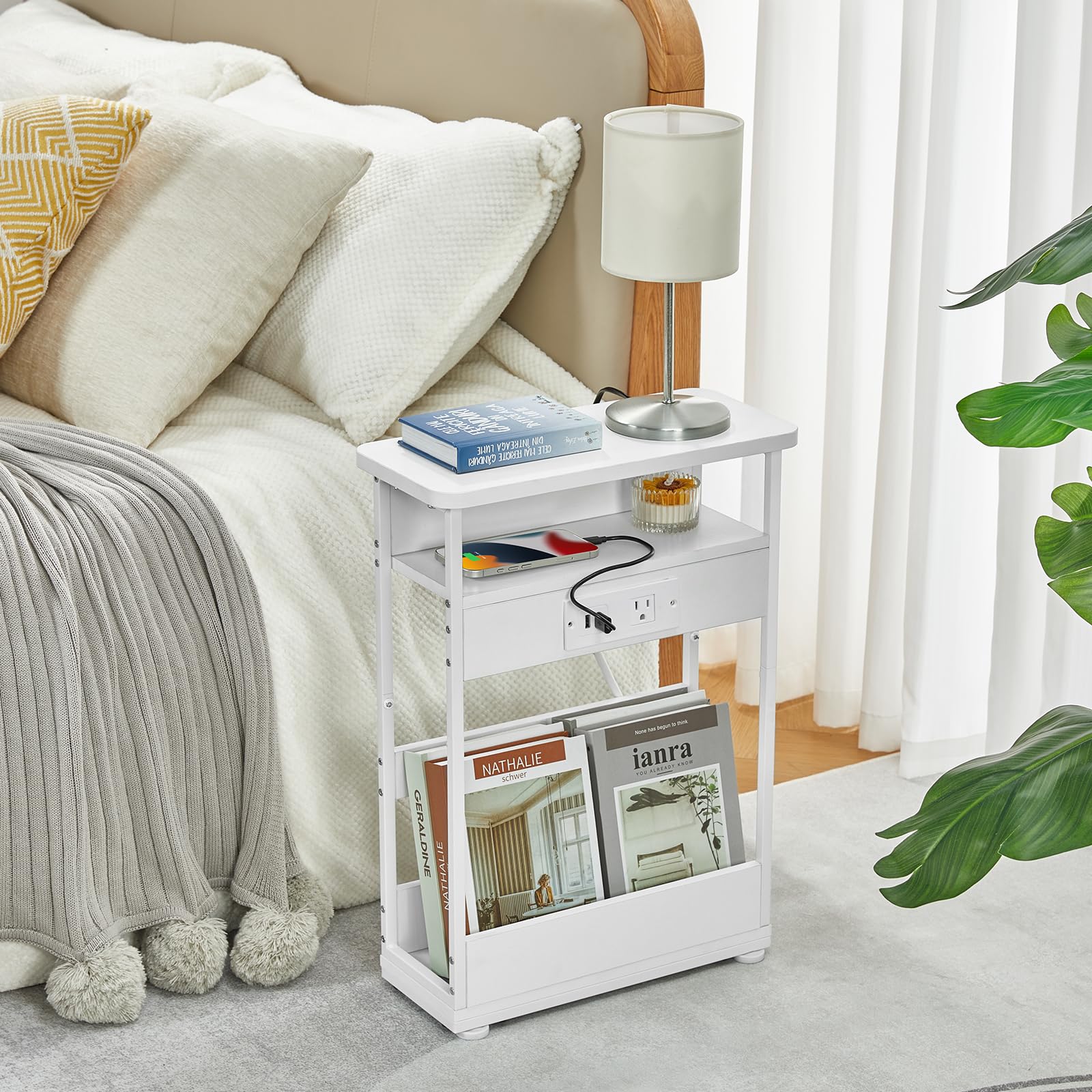 YEAKOO Narrow Side Table with Charging Station, 3-Tier End Table with 2 USB Ports & Power Outlets,Thin Sofa Side Table for Narrow and Small Spaces, Bedside Table Nightstand for Living Room,Black