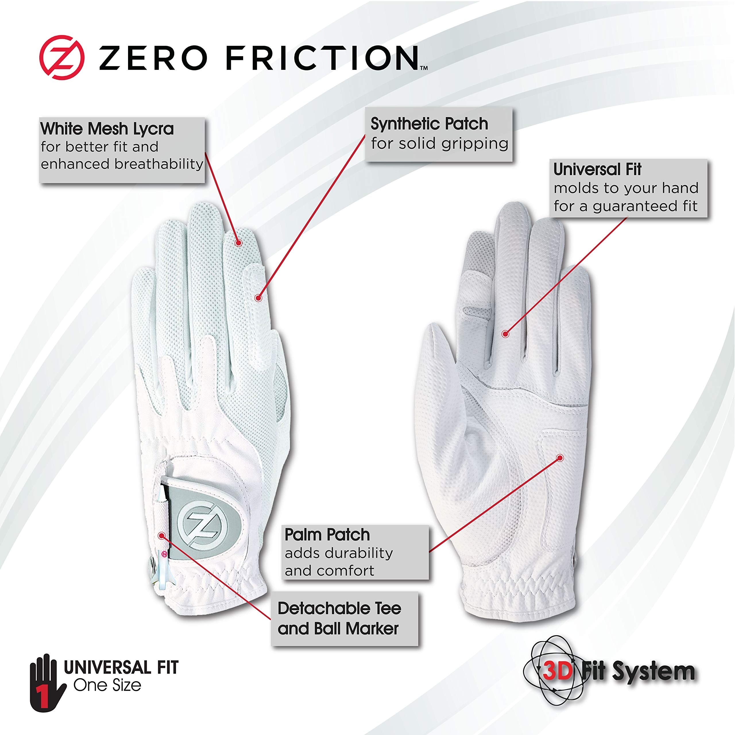 Zero Friction Women's Compression-Fit Synthetic Golf Gloves, Universal Fit