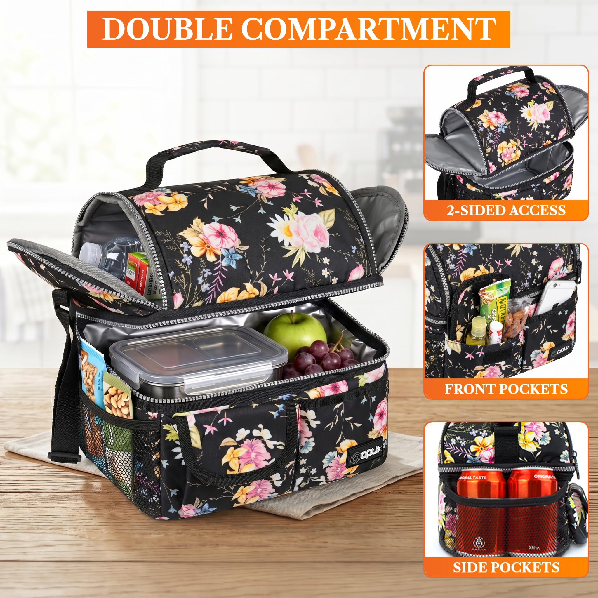 opux Insulated Lunch Bag Women Men, Dual Compartment Leakproof Lunch Box Adults Kids, Double Decker Meal Prep Bento Lunch Cooler Tote with Shoulder Strap for Work Office School Travel, Black