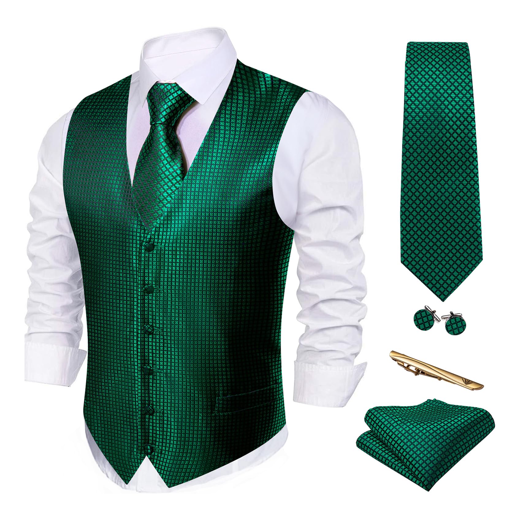 Barry.Wang Men's Suit Vest Formal/Leisure Paisley Jacquard Silk Tie Pocket Square Waistcoat Set Wedding 5PCS