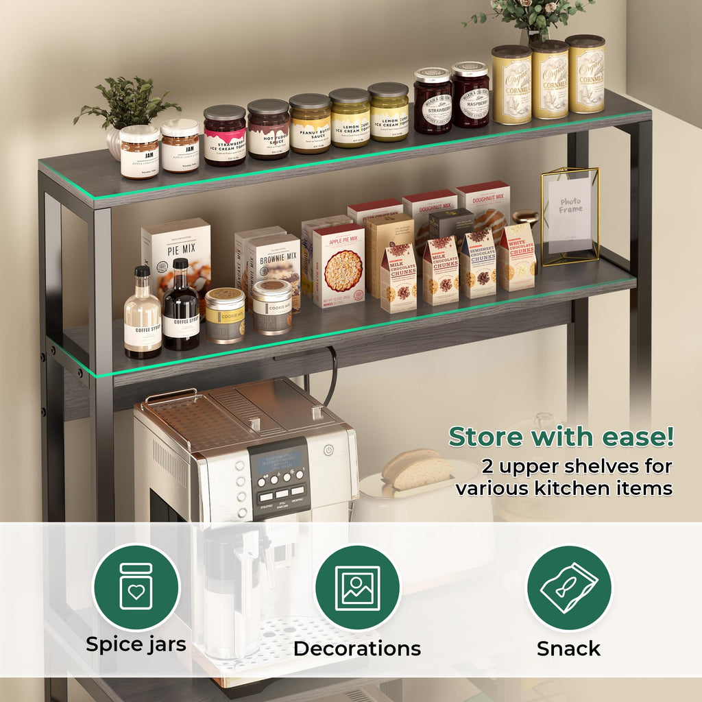 SUPERJARE Bakers Rack with Power Outlet, 35.4 Inches Coffee Bar with Wire Basket, Kitchen Microwave Stand with 6 S-Shaped Hooks, Open Storage Shelves, Black