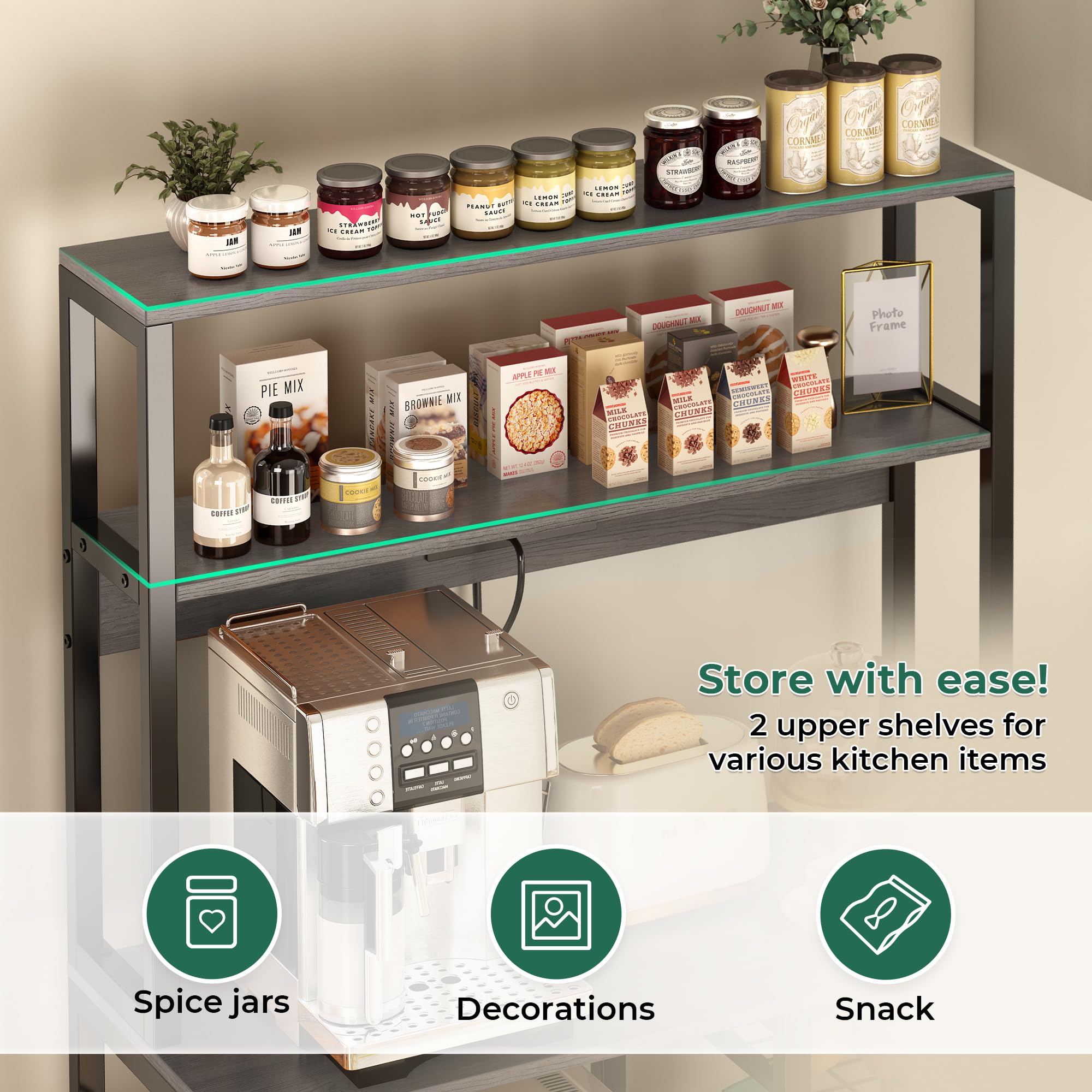 SUPERJARE Bakers Rack with Power Outlet, 35.4 Inches Coffee Bar with Wire Basket, Kitchen Microwave Stand with 6 S-Shaped Hooks, Open Storage Shelves, Black