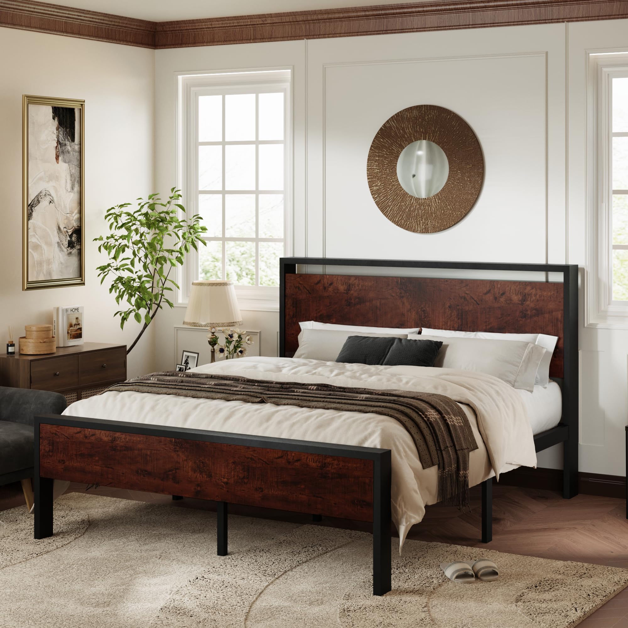 Allewie Twin Size Platform Bed Frame with Wooden Headboard and Footboard, Heavy Duty Metal Slats Support, No Box Spring Needed, Under-Bed Storage, Noise Free, Easy Assembly, Black Oak